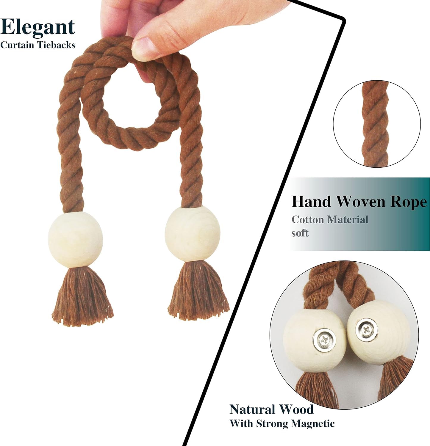 2 Pack Magnetic Curtain Tiebacks - Hand Woven Cotton Decorative Rope Holdbacks for Drapes & Curtains, No Tools Required, Khaki - Perfect for Living Room, Bedroom & Window Decor