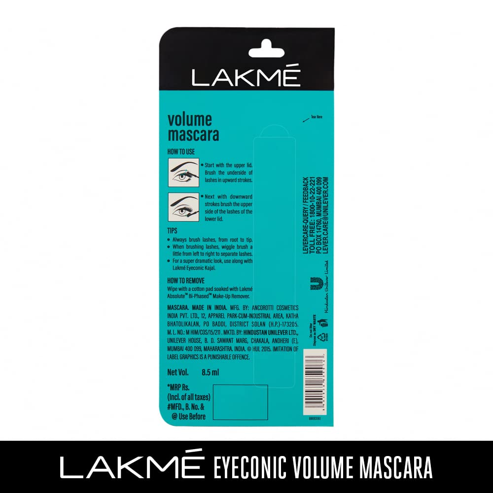 Lakmé Eyeconic Volumizing Mascara - 8.5ml Black Lengthening & Volumizing Mascara for Dramatic Lashes | Perfect for Day to Night Makeup Looks