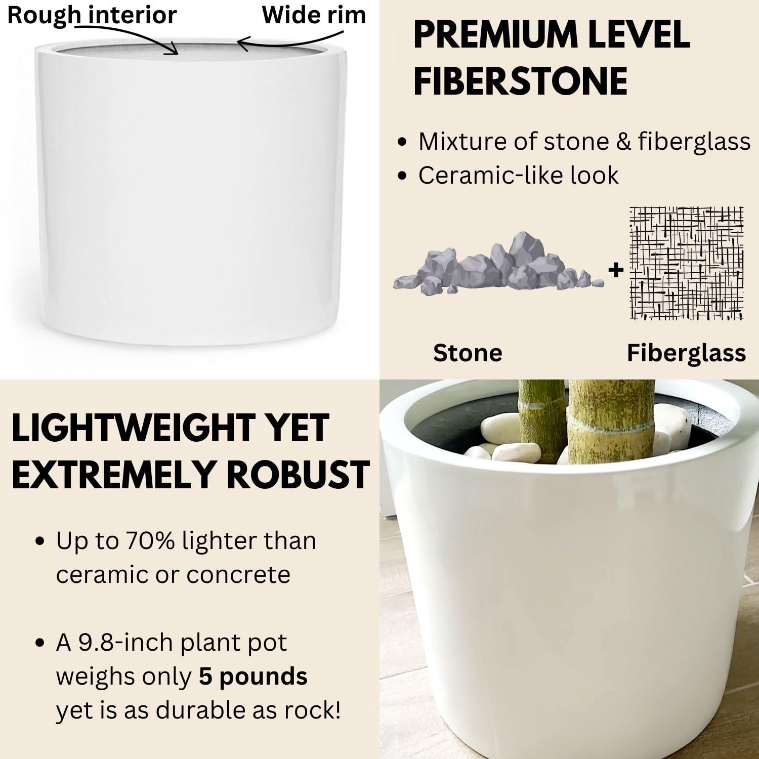 Fox & Fern 10 Inch Plant Pot with Drainage Hole — Premium Lightweight Fiberstone Glossy White Planter for Indoor & Outdoor Plants | Weatherproof & UV Resistant Flower Pot | Perfect for Home Decor, Garden, Patio, and Office Plants