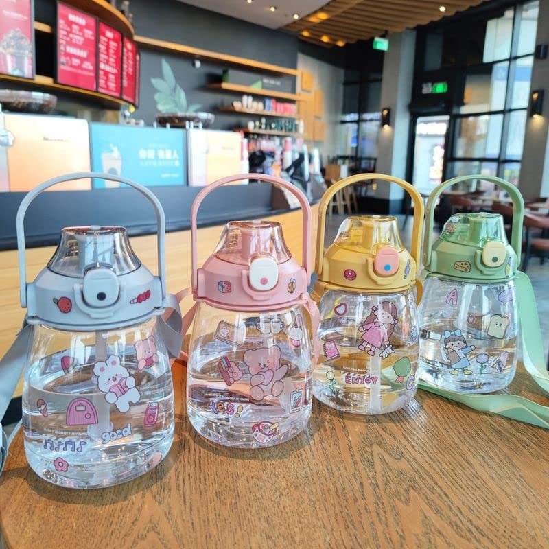 **BXCNCKD Kawaii Large Capacity Water Bottle with Straw & Portable Strap - 1100ml (Pink) - Cute Student Water Bottle for School, Gym & Outdoor Activities**