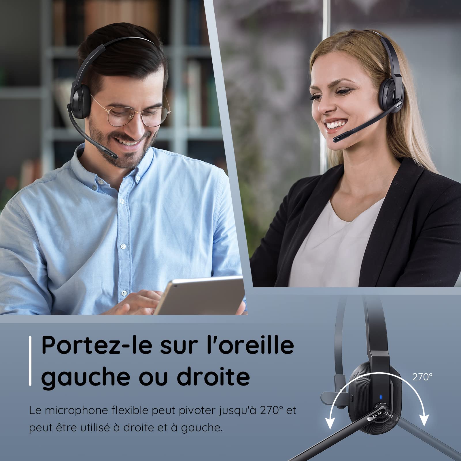 EKSA H5 Wireless Bluetooth Headset with Noise Cancelling AI Mic & USB Dongle - 45H Playtime, 10m Range, Charging Station - Mono PC Headset for Office, Call Center, Remote Work & Online Meetings