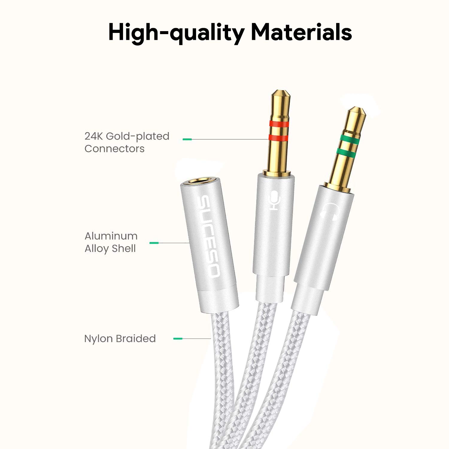 SUCESO 3.5mm Headphone Mic Splitter Cable - CTIA Standard Headset Adapter, Female to Dual Male Audio Jack, Compatible with PC, PS4, Gaming Headsets & Speakers (1m Silver) - Perfect for Online Gaming, Conference Calls & Home Theater Systems