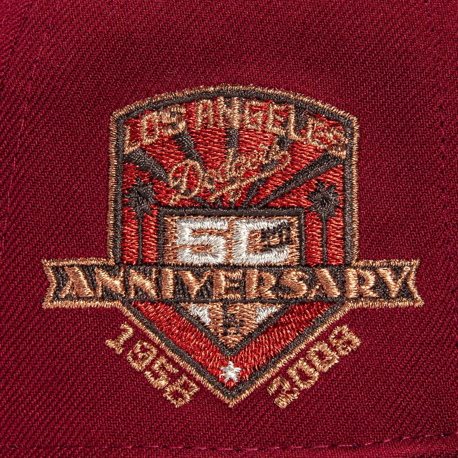 New Era 59Fifty Los Angeles Dodgers 50th Anniversary Patch Snapback Hat - Cardinal Red, Brown & Metallic Gold - MLB Baseball Cap for Men & Women - Perfect for Games, Collecting & Streetwear Fashion