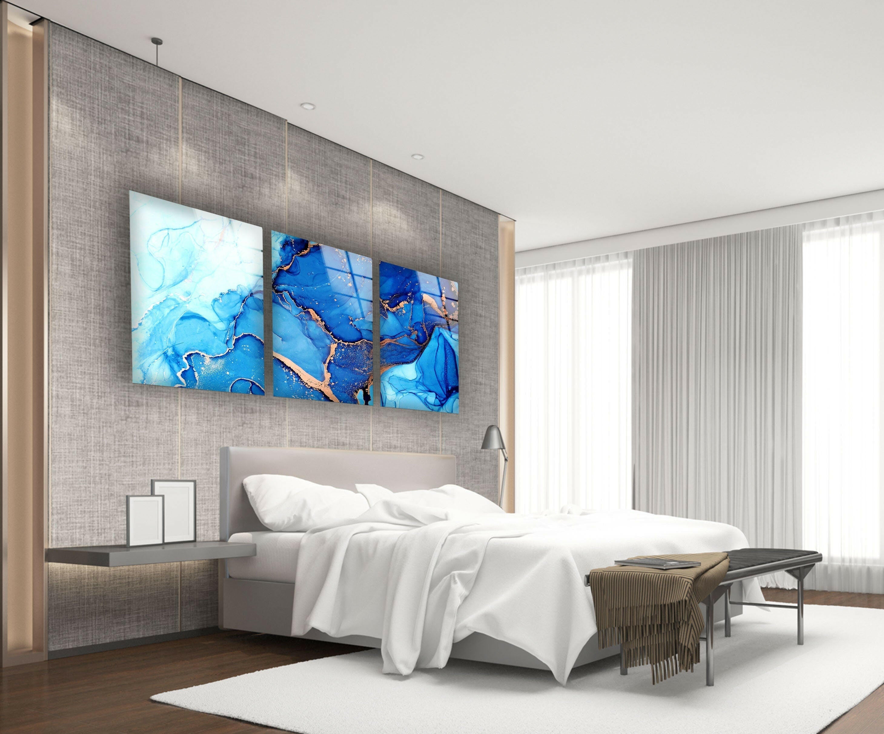 Blue Alcohol Ink Marble Abstract Glass Wall Art - Handmade Modern Home Decor for Living Room, Bedroom & Office