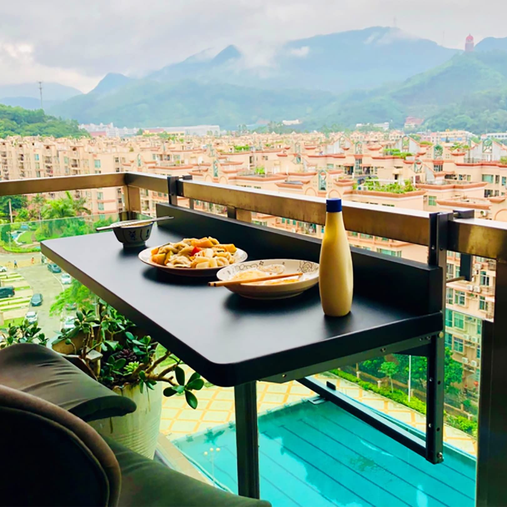 Adjustable Folding Metal Balcony Table - Wall Mounted Outdoor Side Table for Railings, Deck & Patio - Space Saving Hanging Dining Desk for Small Spaces - Perfect for Apartments, Gardens & Balcony Relaxation
