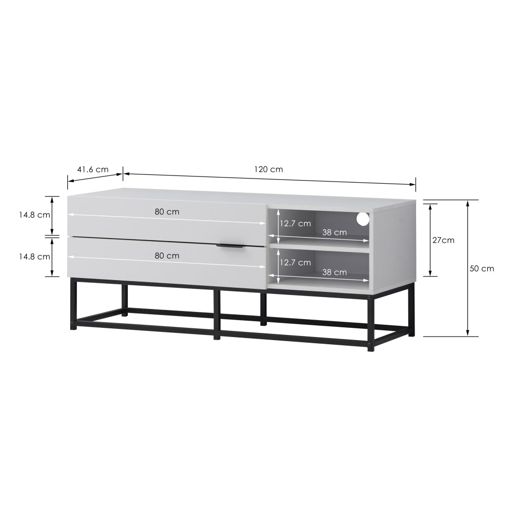 Brian Modern Compact Entertainment Unit TV Stand 120cm Wide with 2 Drawers - White/Black - Perfect for Living Room, Bedroom & Home Theater Setup