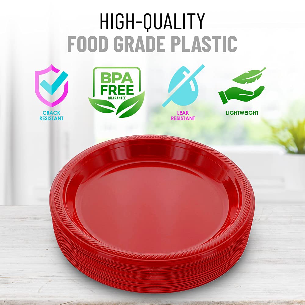 120-Pack 9-Inch Disposable Red Plastic Plates for Parties, Picnics, BBQs, Travel & Special Events - Bulk Round Dinner Plates for Easy Cleanup & Convenience