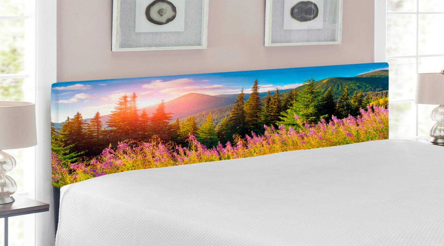 Ambesonne King Size Upholstered Headboard - Fall Mountain Landscape with Flowers, Alpine Trees & Sunrise, Decorative Metal Bed Headboard with Memory Foam, Green & Pink | Perfect for Bedroom Decor, Guest Rooms & Cozy Cabin Retreats