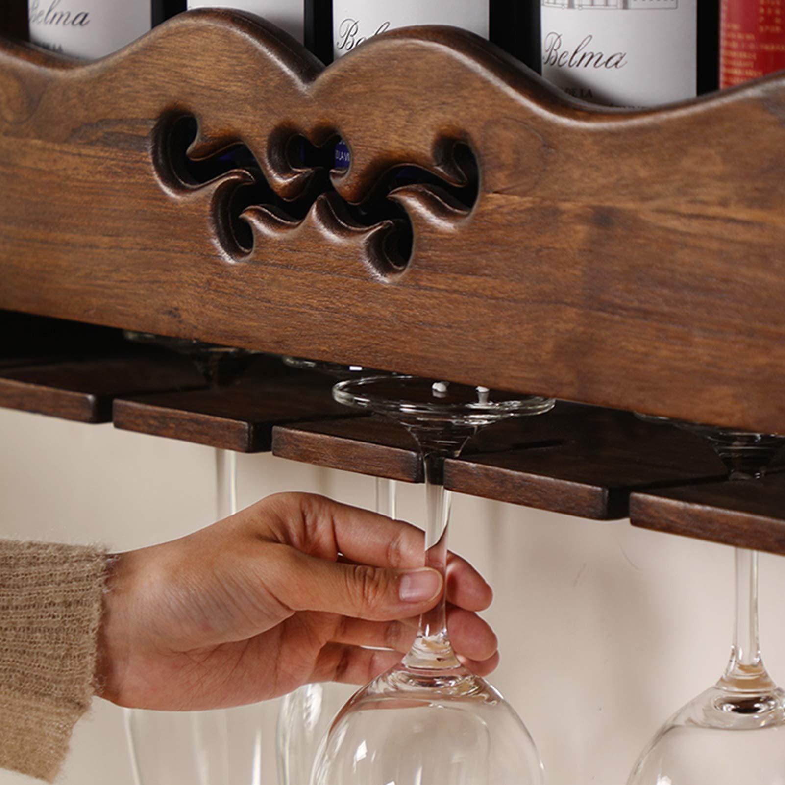 Farmhouse Wall Mounted Wooden Drinks Rack - Wine & Whiskey Bottle Shelf for Kitchen, Bar, Dining Room Decor - Fully Assembled Rustic Home Storage Solution