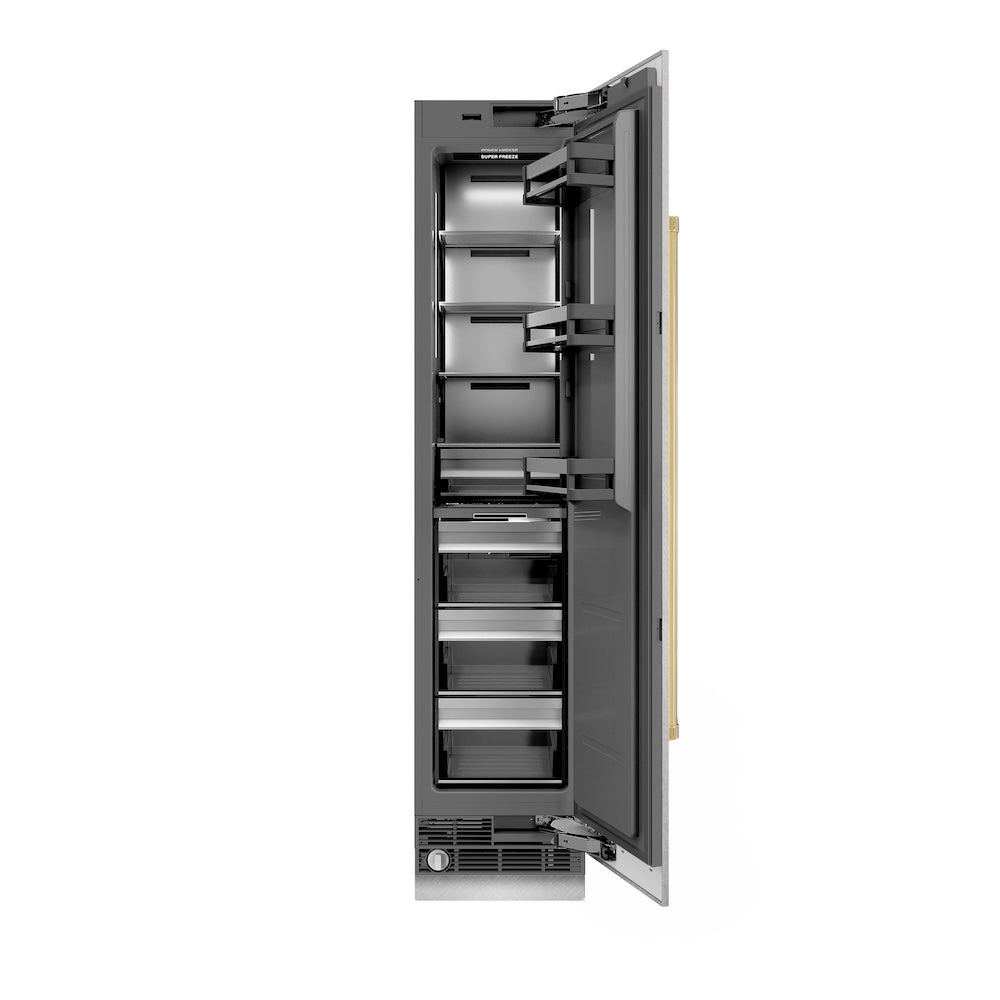 ZLINE Autograph Edition 18 Inch 8.6 cu ft Right Hinge Column Freezer - Stainless Steel with Graphite Gray Interior & Gold Accents (RCFVRZ SN 18 G) - Perfect for Home Bar, Wine Cellar, or Kitchen Storage