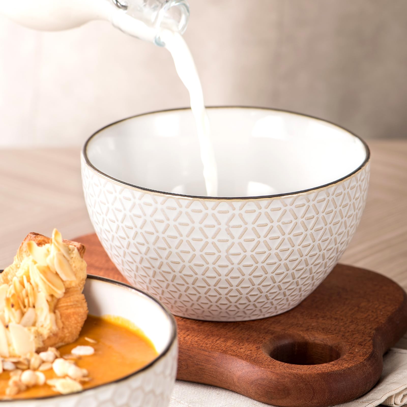 Premium 26oz Ceramic Soup Bowls Set of 4 - Stoneware Cereal & Rice Bowls for Oatmeal, Salad, Dessert - Microwave, Dishwasher & Oven Safe White Embossed Kitchenware - Perfect for Family Dinners & Entertaining Guests