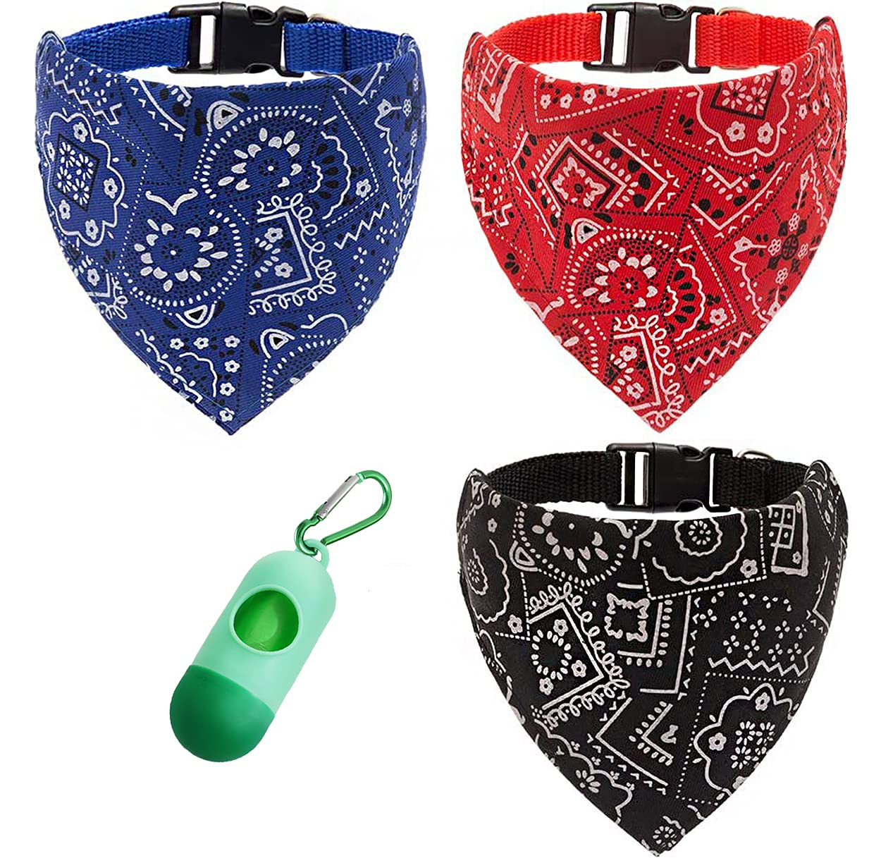 Adjustable Dog Bandana Collar Scarf for Small Medium Large Dogs & Cats - Red Blue Black Handkerchief Style with Free Poop Bag Roll & Dispenser - Perfect for Walks, Grooming & Pet Fashion Accessories