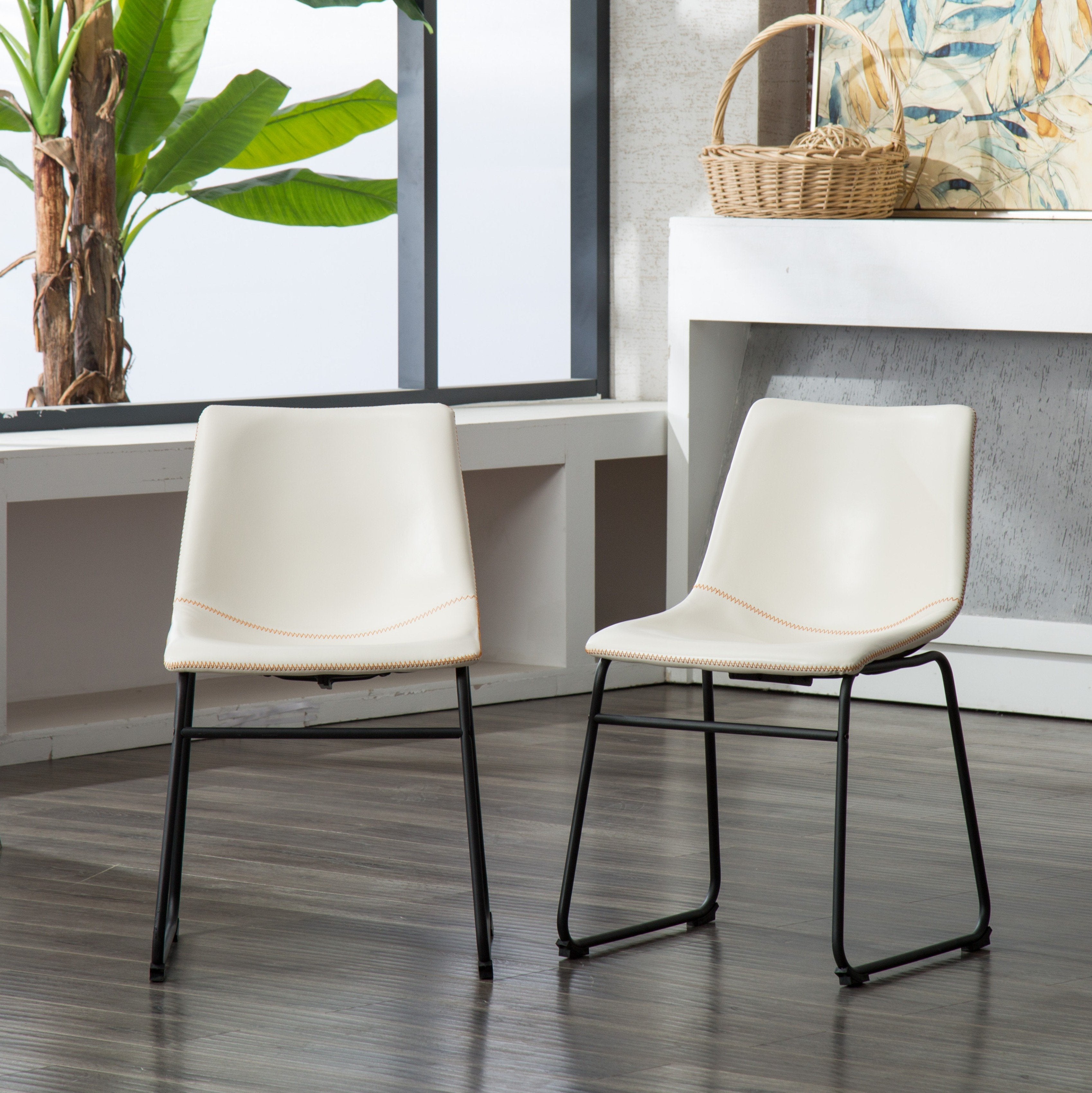 Vintage PU Leather Dining Chairs Set of 2 - Roundhill Furniture Lotusville White Leather Chairs for Kitchen, Dining Room & Home Decor