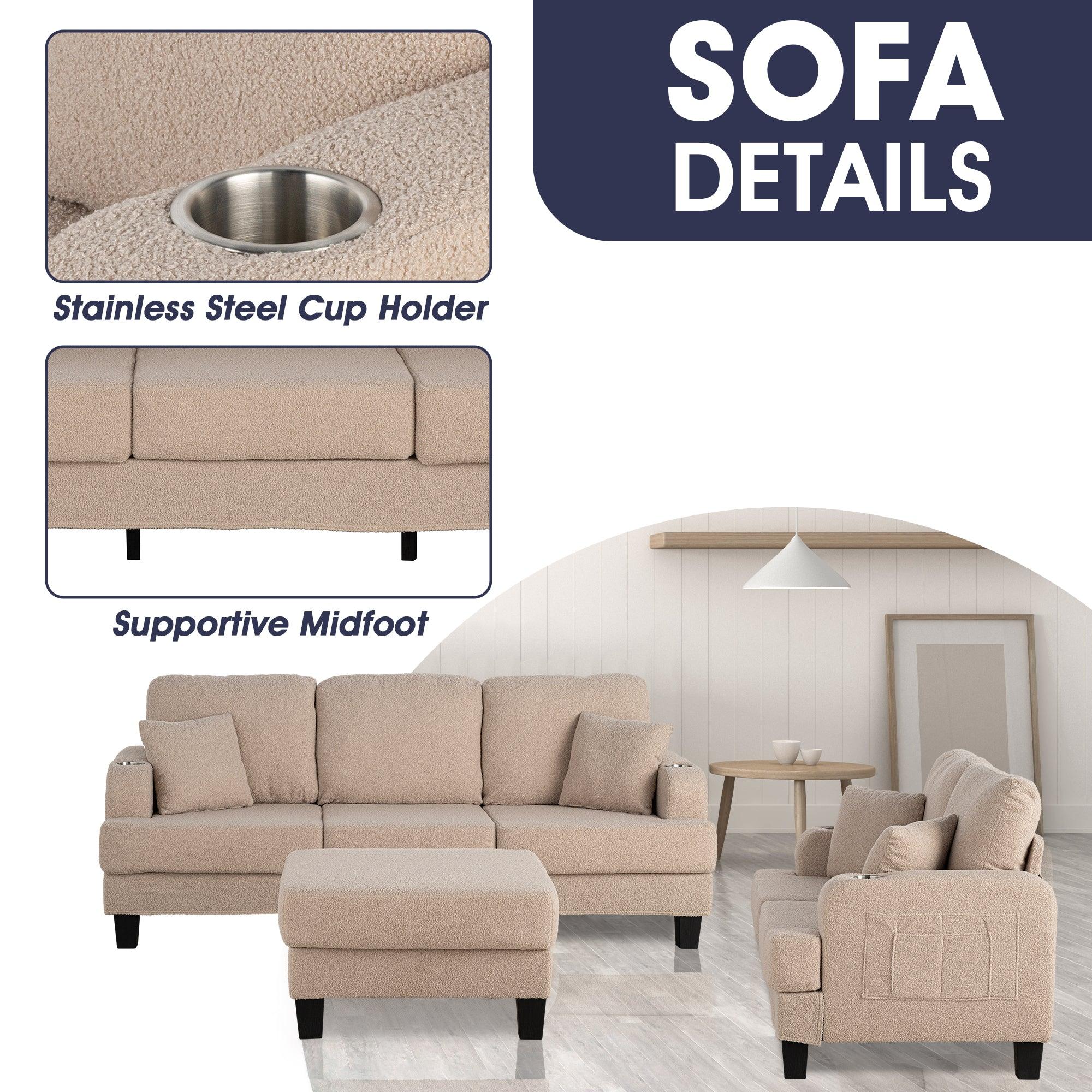 Beige 3-Piece Sofa Set with Storage Ottoman & USB Charging Ports - Modern Living Room Furniture for Small Spaces, Apartments & Home Theater Seating