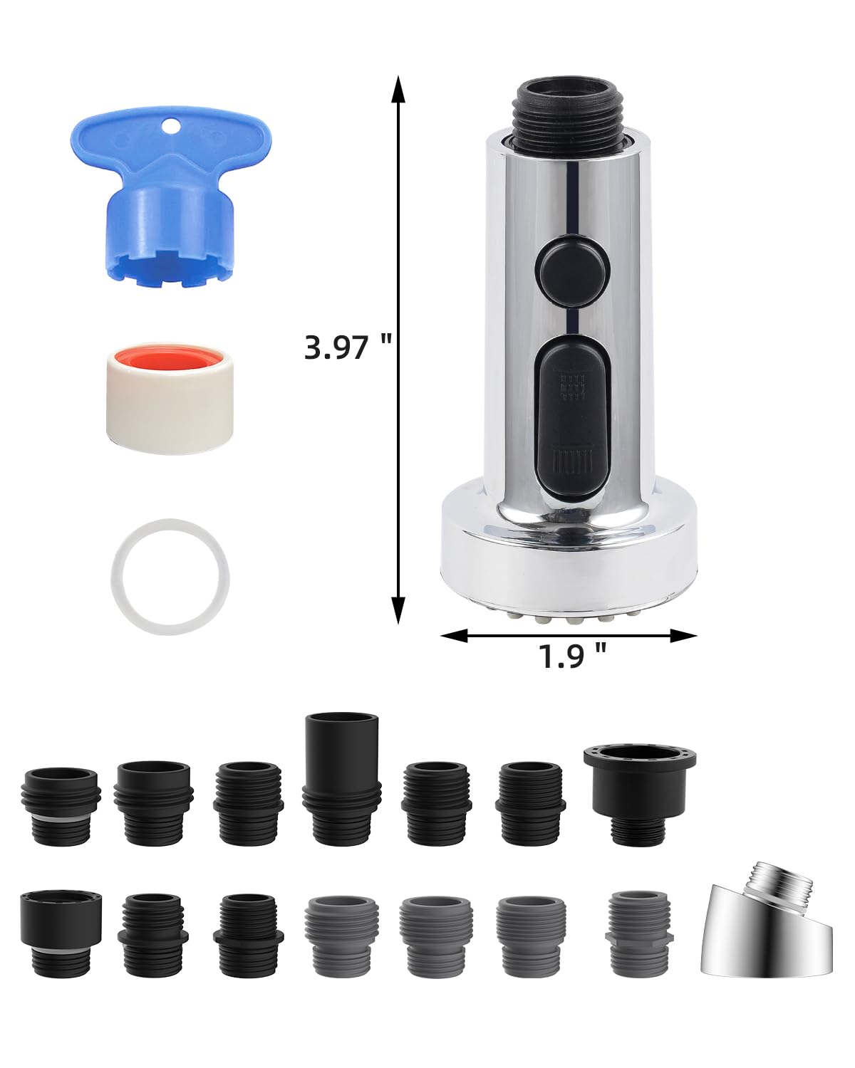 Hibbent Pull Down Kitchen Faucet Spray Head Replacement - 3 Function Sink Faucet Nozzle with 15 Adapters for Moen, American Standard, Delta, Kohler (Chrome) - Perfect for Dishwashing, Vegetable Rinsing and Sink Cleaning