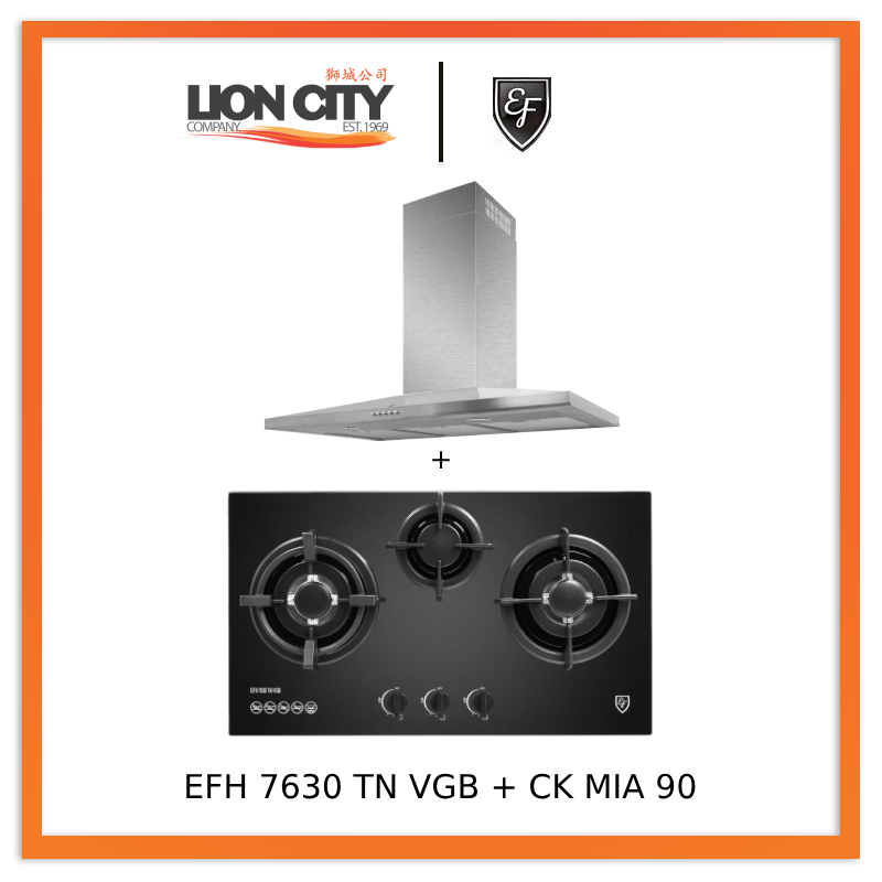 EF CK Mia 90 90cm Stainless Steel Chimney Hood with EF EFH 7630 TN VGB Glass Hob - Modern Kitchen Ventilation & Cooking Solution for Home Chefs