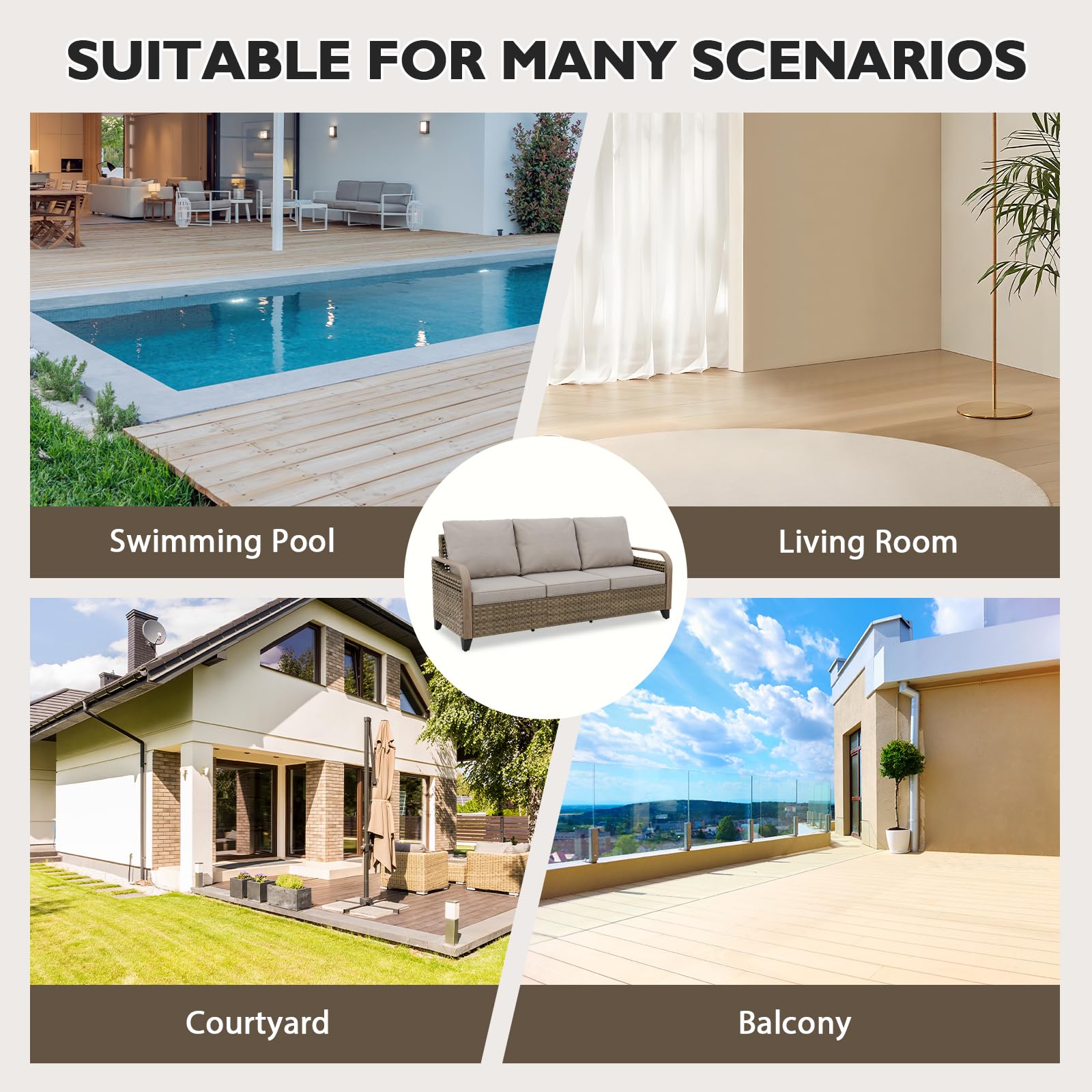 Modern Wicker Outdoor Patio Sofa Set - 3-Seater Rattan Loveseat Couch for Backyard, Deck, Porch & Balcony - Brown/Gray Weather-Resistant Furniture for Relaxing & Entertaining Guests