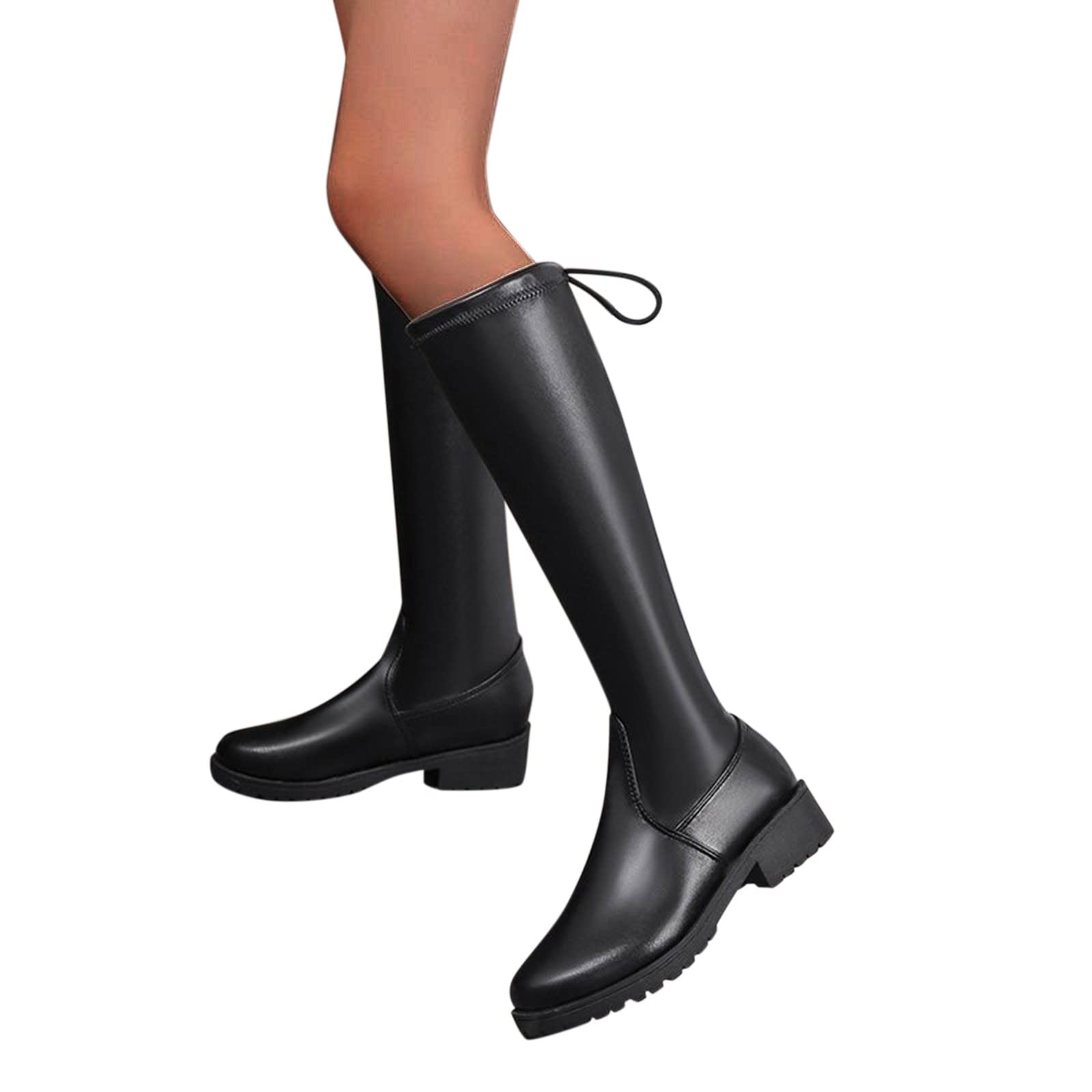 Women's Over The Knee Boots - Wide Calf Heeled Lace Up Leather Riding Boots | Stretchable Sexy Thigh High Boots with Round Toe & Low Heel | Perfect for Fall Fashion, Date Nights & Riding | Black Comfortable Pull On Tall Boots