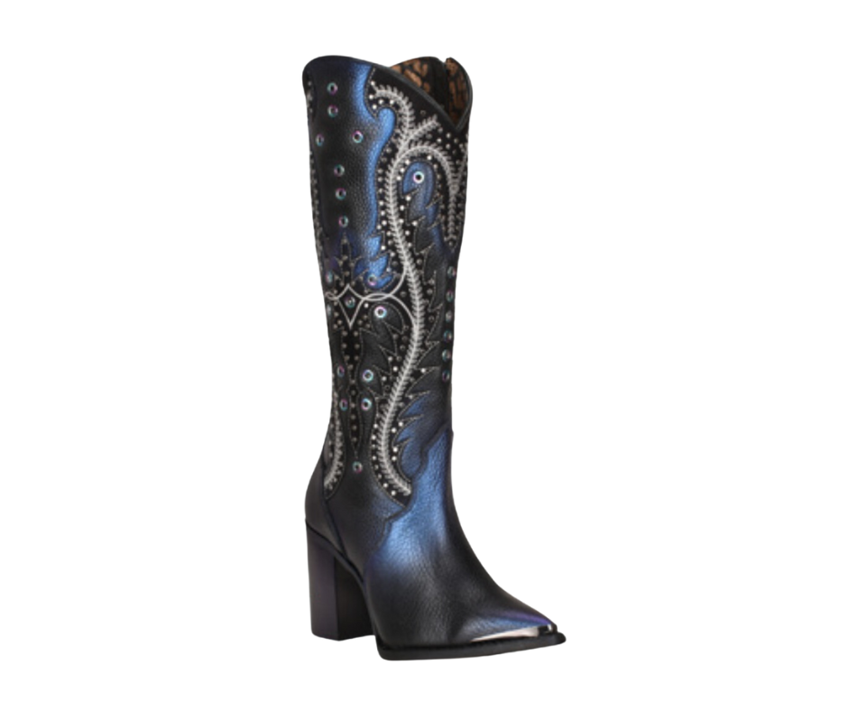 Women's Cuadra CU727 LD Black Overlay Embroidered Studded Pointed Toe Boots - Perfect for Night Out, Party & Western Fashion