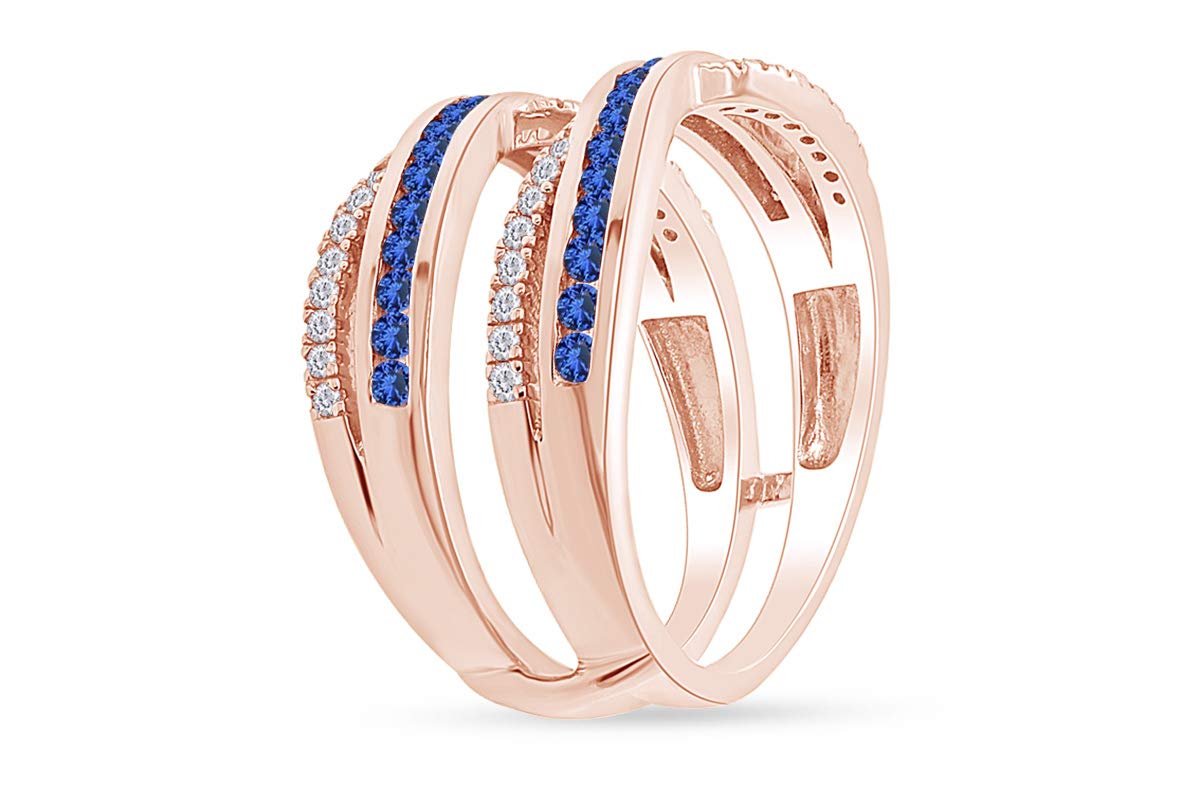 14K Gold Over Sterling Silver Round Simulated Blue Sapphire & Natural Diamond Wedding Band Ring Guard Enhancer for Women - Elegant Jewelry Gift for Brides, Anniversaries & Special Occasions