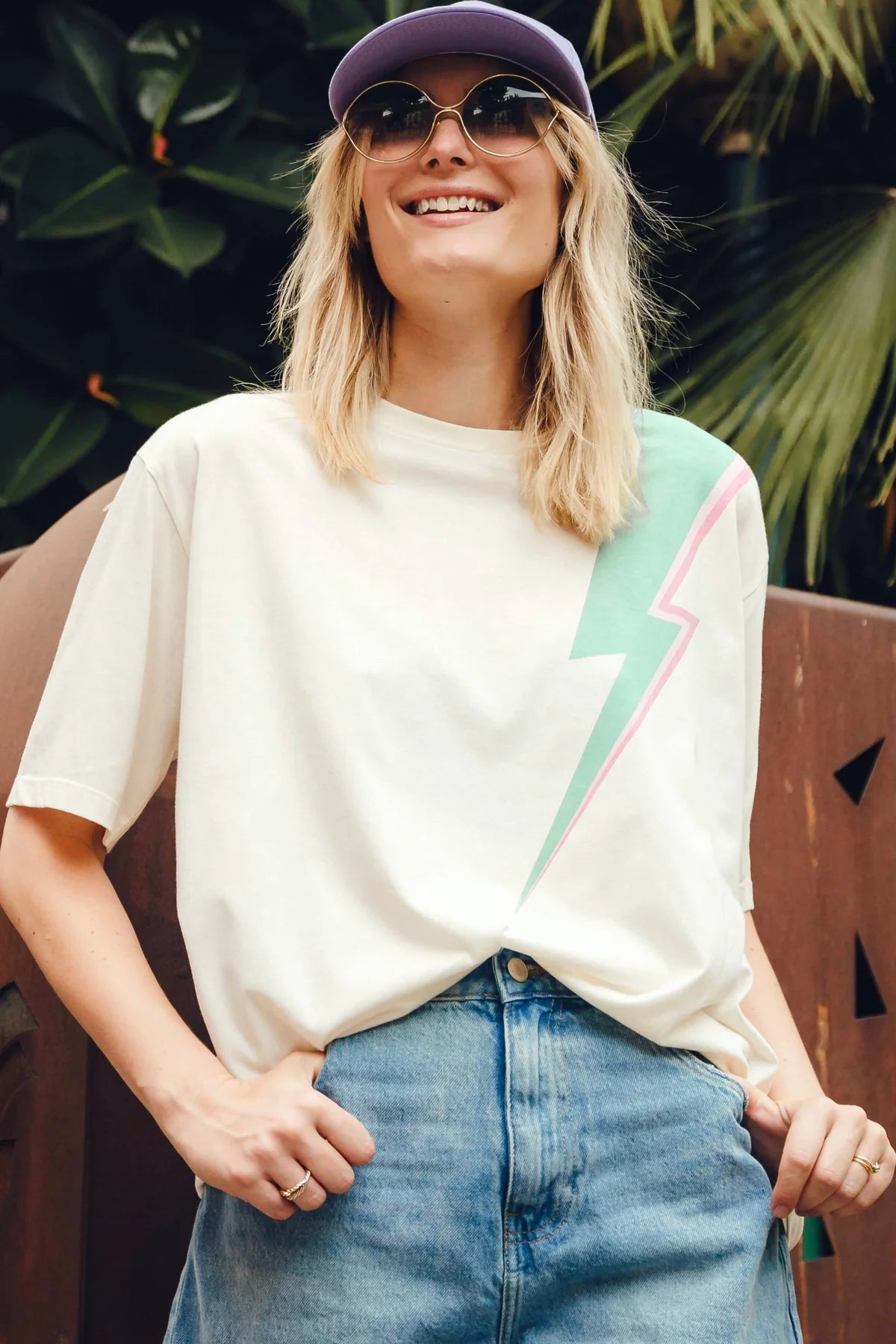 Kinsley Relaxed Fit T-Shirt for Women - Soft Cotton Crewneck Tee (Off White with Lightning Flash Print) - Casual Wear, Street Style, Everyday Outfits
