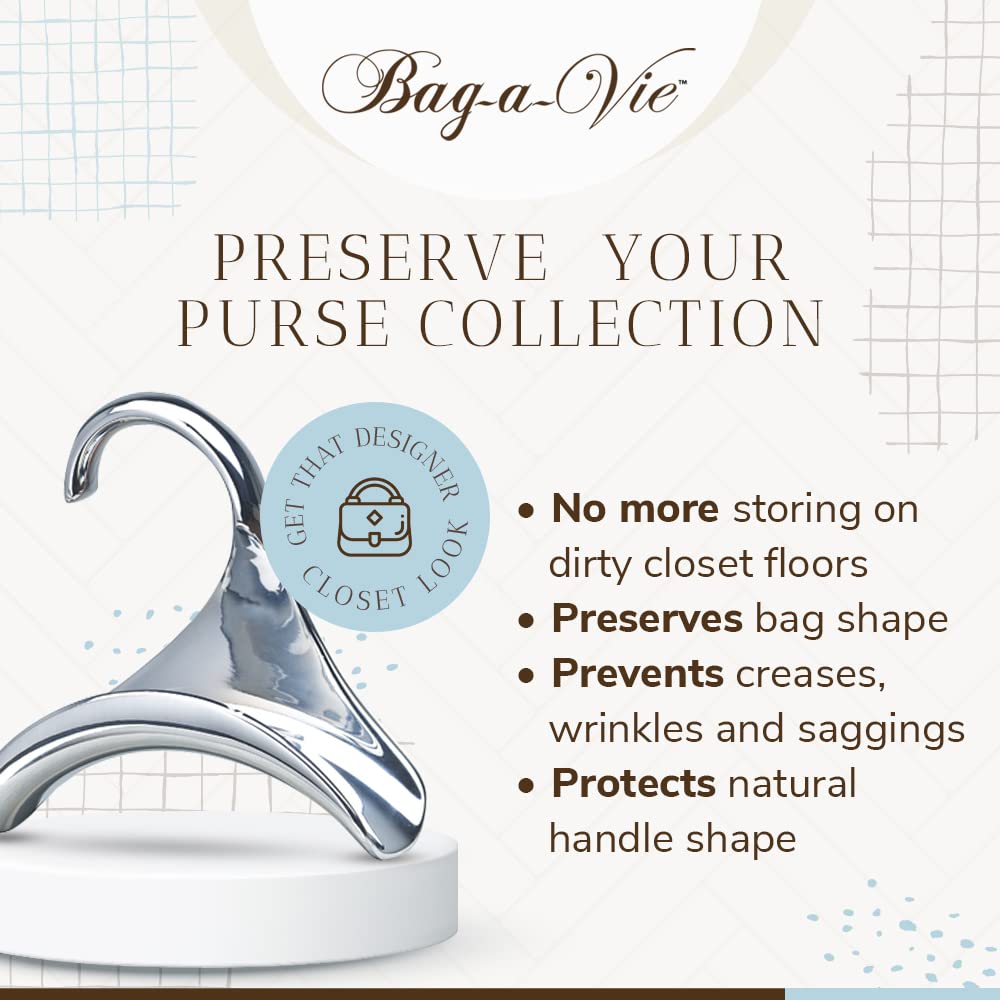 Premium Bag-a-Vie Purse Hanger for Closet - Silver Metal Handbag Organizer Hook for Hanging Purses & Bags | Protects Bag Shape & Saves Space | Perfect for Home, Office & Travel Organization