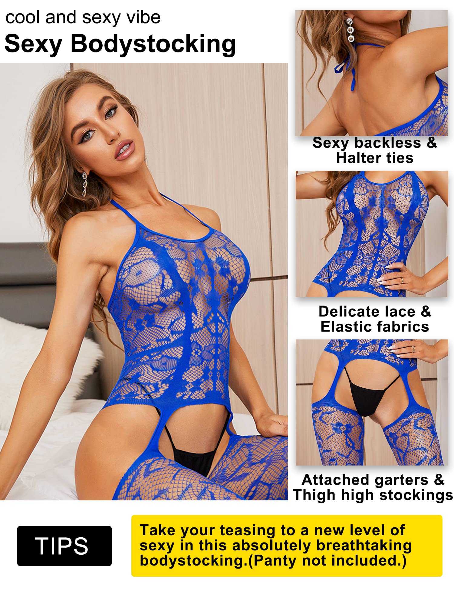 RSLOVE Women's Fishnet Bodystocking with Attached Stockings - Sexy Crotchless Lingerie Bodysuit One Piece Babydoll (One Size) for Valentine's Day, Boudoir Photography & Romantic Nights