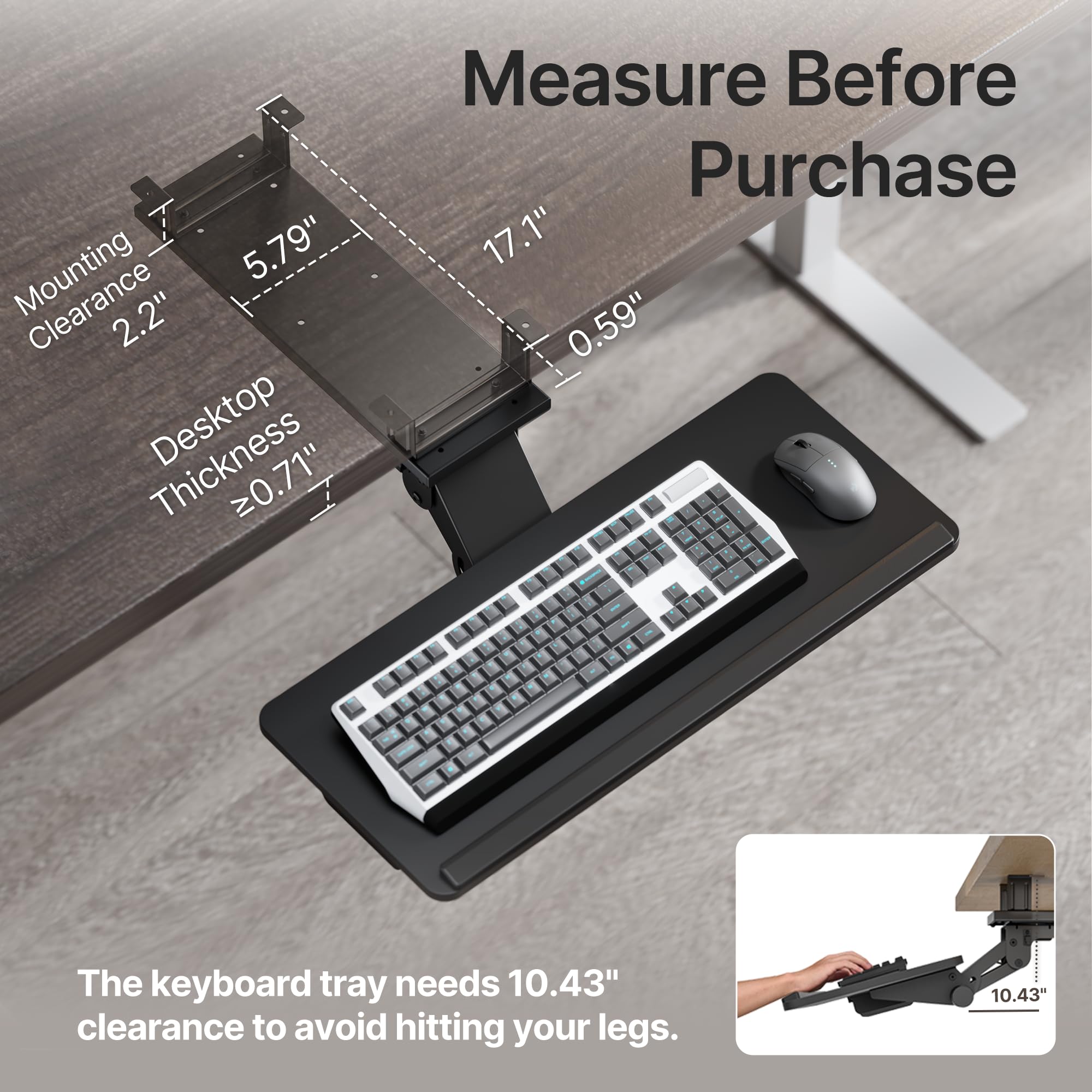 Ergonomic Under Desk Keyboard Tray with Storage Drawer - Height Adjustable, Slide Out Swivel Tilt Design - 25x11