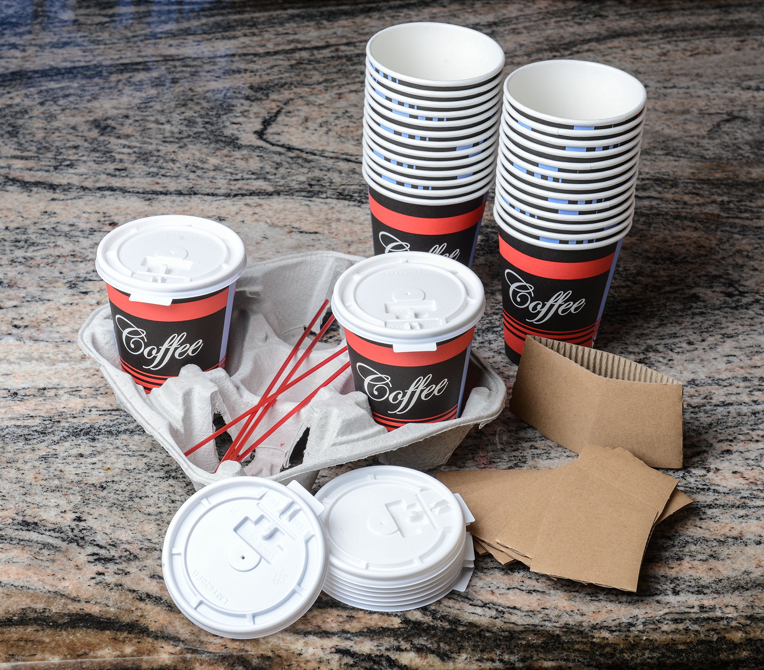 100-Pack 12oz Disposable Paper Coffee Cups with Lids, Sleeves & Stirrers - White Travel Coffee Cups for Hot & Cold Beverages - Perfect for Office, Parties, Coffee Shops, and On-the-Go Drinks