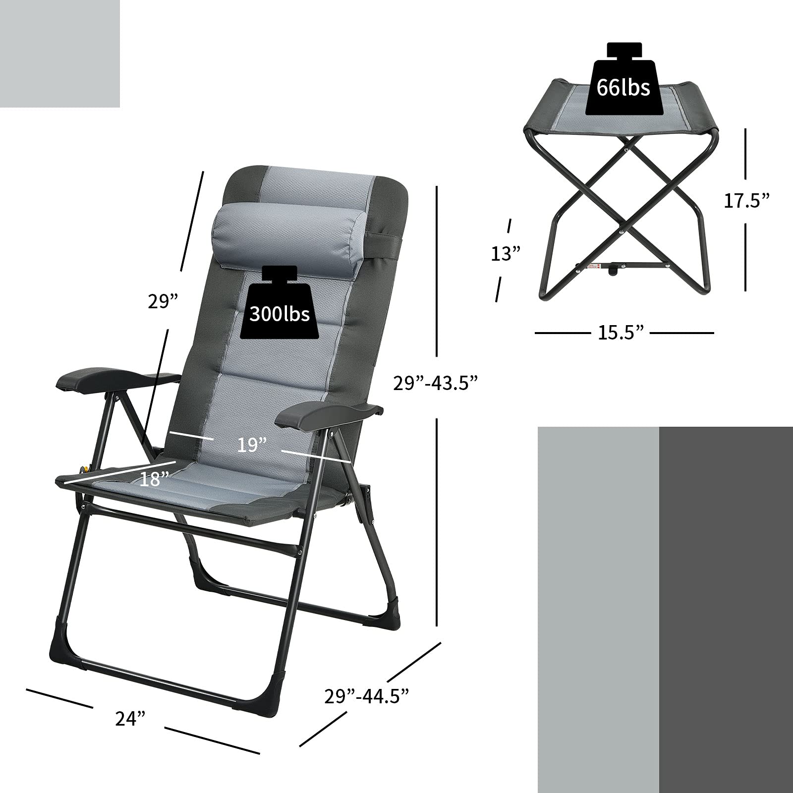 Giantex 2-Pack Patio Dining Chairs with Footstools - Foldable Recliner Chairs with 7-Position Adjustable Backrest & Headrest, Includes Mesh Storage Bag - Portable Outdoor Lounge Chairs for Pool, Backyard, Beach, Camping (Grey)