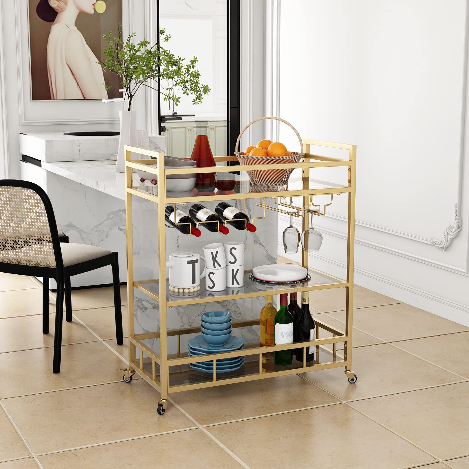 3-Tier Gold Rolling Bar Cart with Bottle Storage & Wine Glass Holder - Mobile Serving Cart for Indoor & Outdoor Use, Perfect for Parties, Patios & Kitchen Entertaining