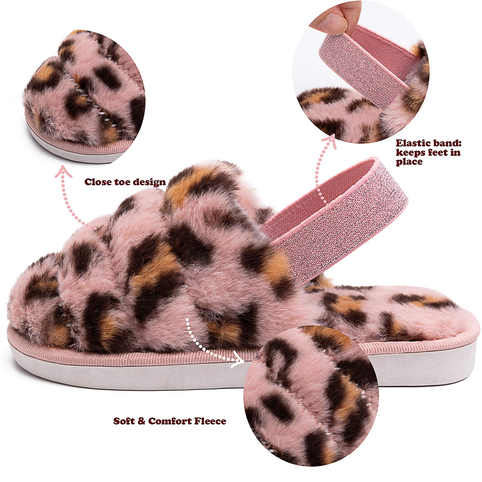 Kids Fluffy Fuzzy Slippers - Soft Faux Fur Open Toe House Shoes for Boys & Girls | Non-Slip Slides with Adjustable Strap | Perfect for Indoor Play, Lounging & Cozy Home Comfort