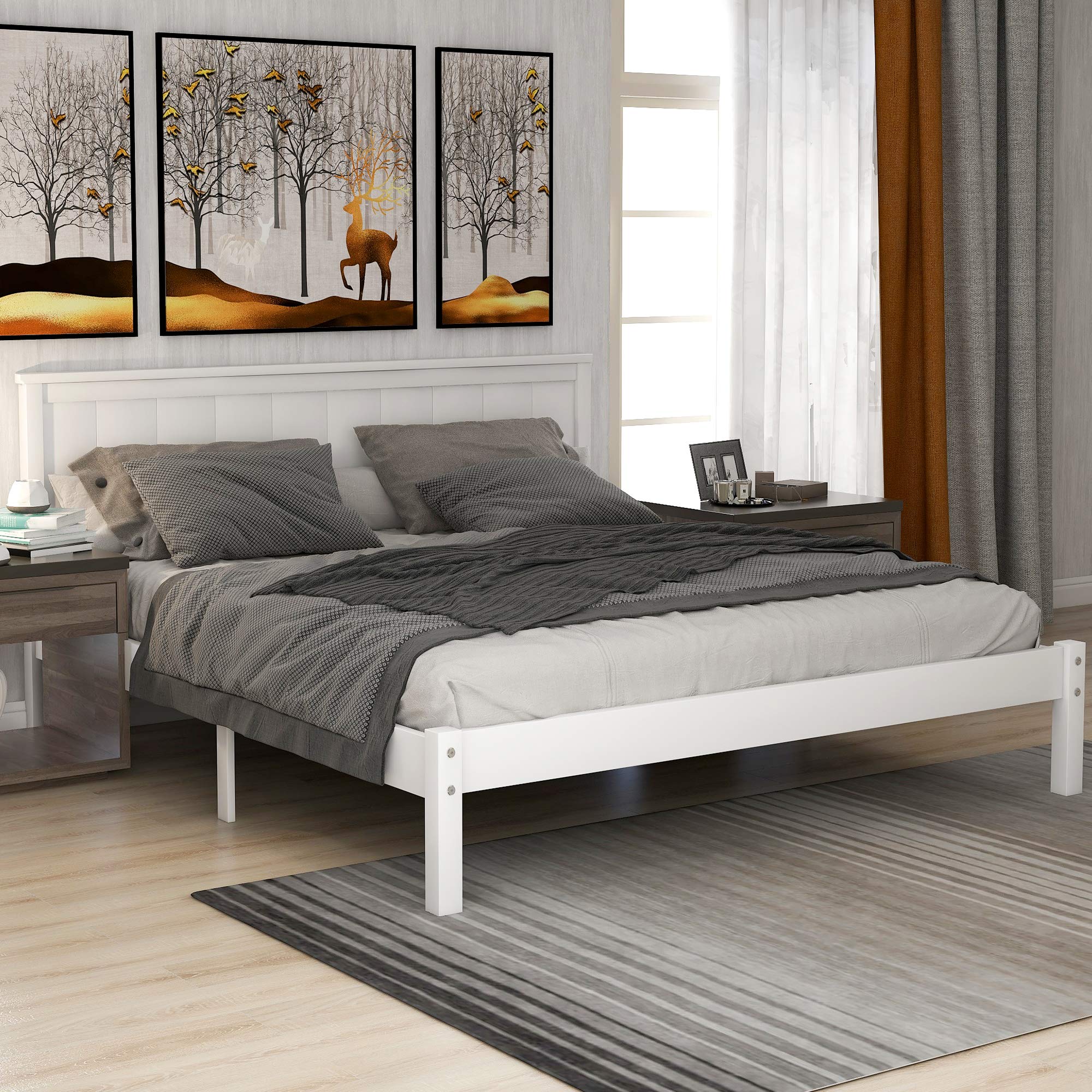 P PURLOVE Queen Size Bed Frame - Solid Wood Platform Bed with Headboard, No Box Spring Needed, White Wooden Bed for Bedroom, Guest Room & Master Suite