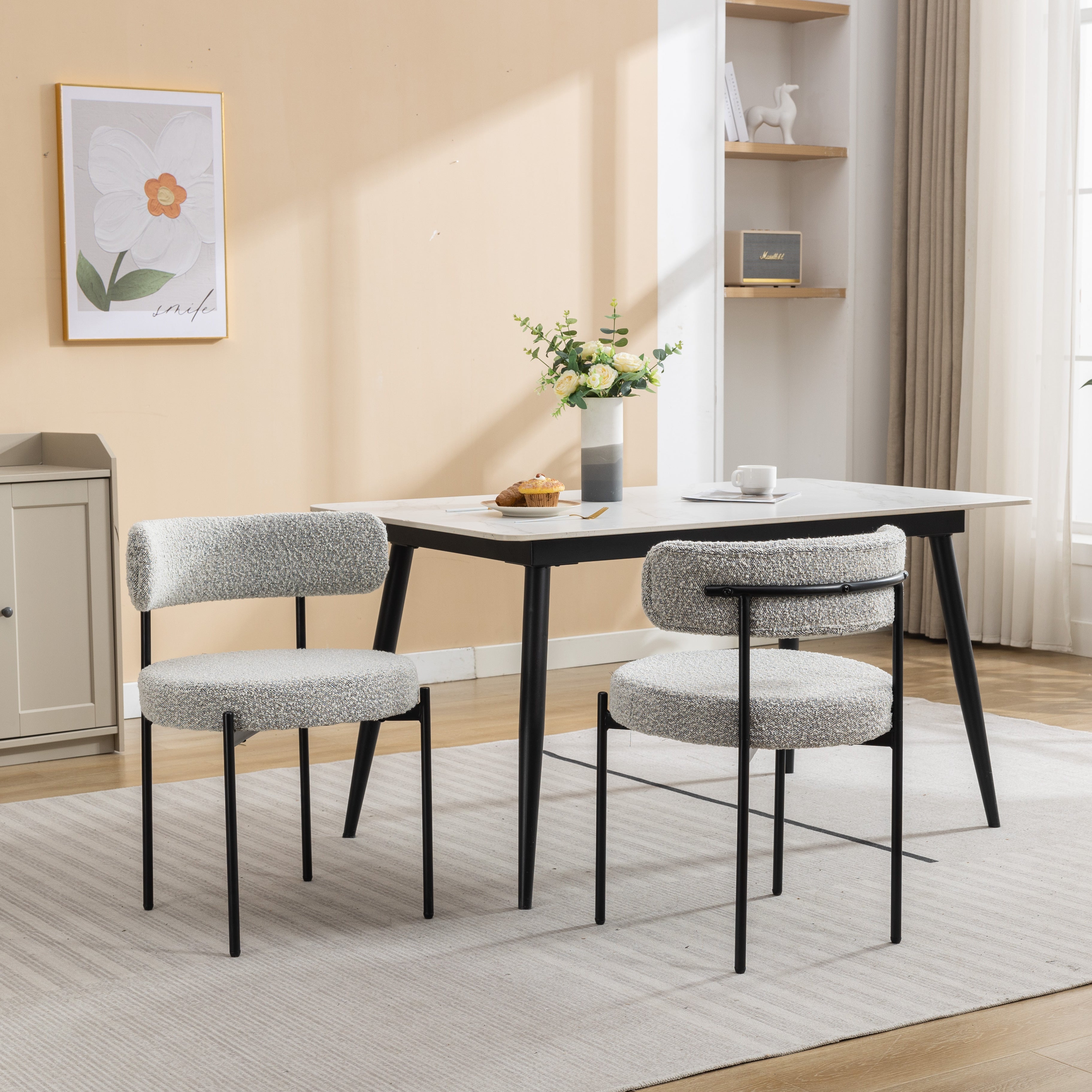 Roundhill Furniture Burbank Modern Round Boucle Dining Chairs, Set of 2 - Mid Century Style Upholstered Seating for Kitchen, Dining Room & Breakfast Nook - Comfortable & Stylish Home Decor