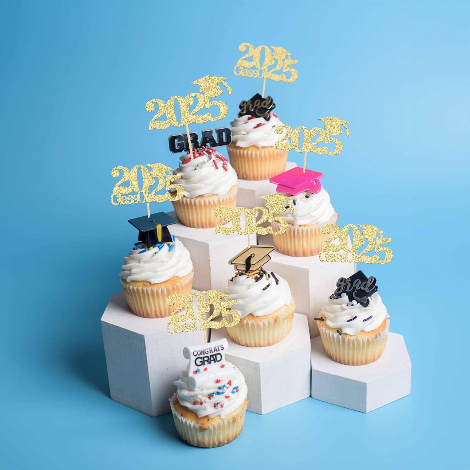 24Pcs Gold Glitter 2025 Graduation Cupcake Toppers - Class of 2025 Cake Decorations for Graduation Party Supplies | Perfect for High School & College Graduation Celebrations, Birthday Cakes, and Dessert Table Decor