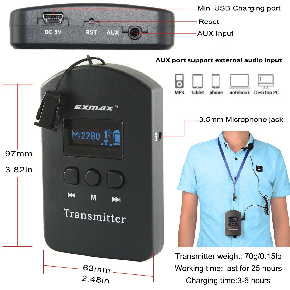 EXMAX EXD-6688 2.4GHz Wireless Tour Guide Headset System - Dual Transmitter Church Translation Device for Field Trips & Training (60 Receivers + Silver Storage Case) - Perfect for Guided Tours, Museum Visits & Educational Events