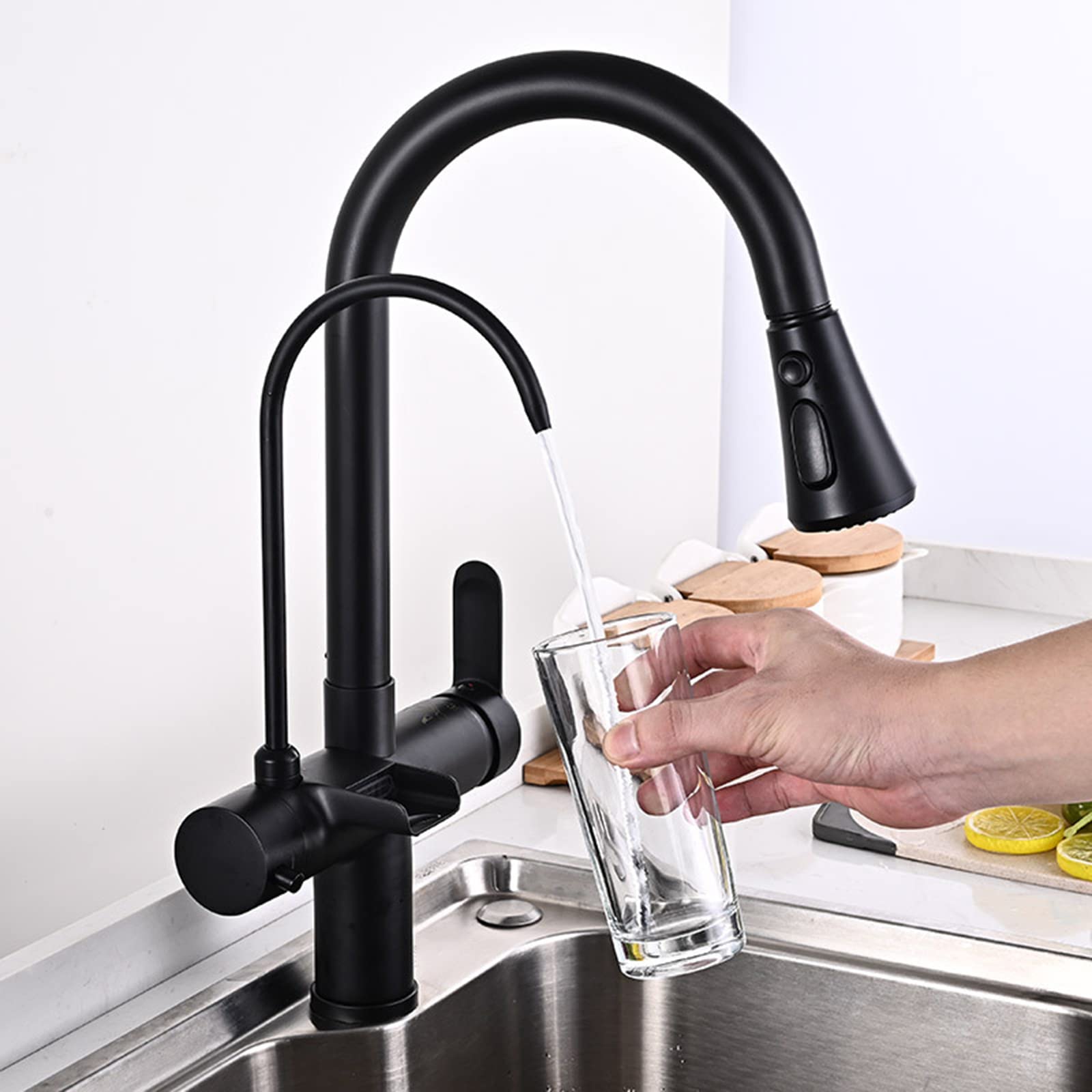 3-Way Kitchen Faucet with Straight Drinking Water Spout - Hot & Cold Brass Swivel Sink Faucet - Multifunctional Black Kitchen Faucet for Modern Homes, Restaurants & RVs