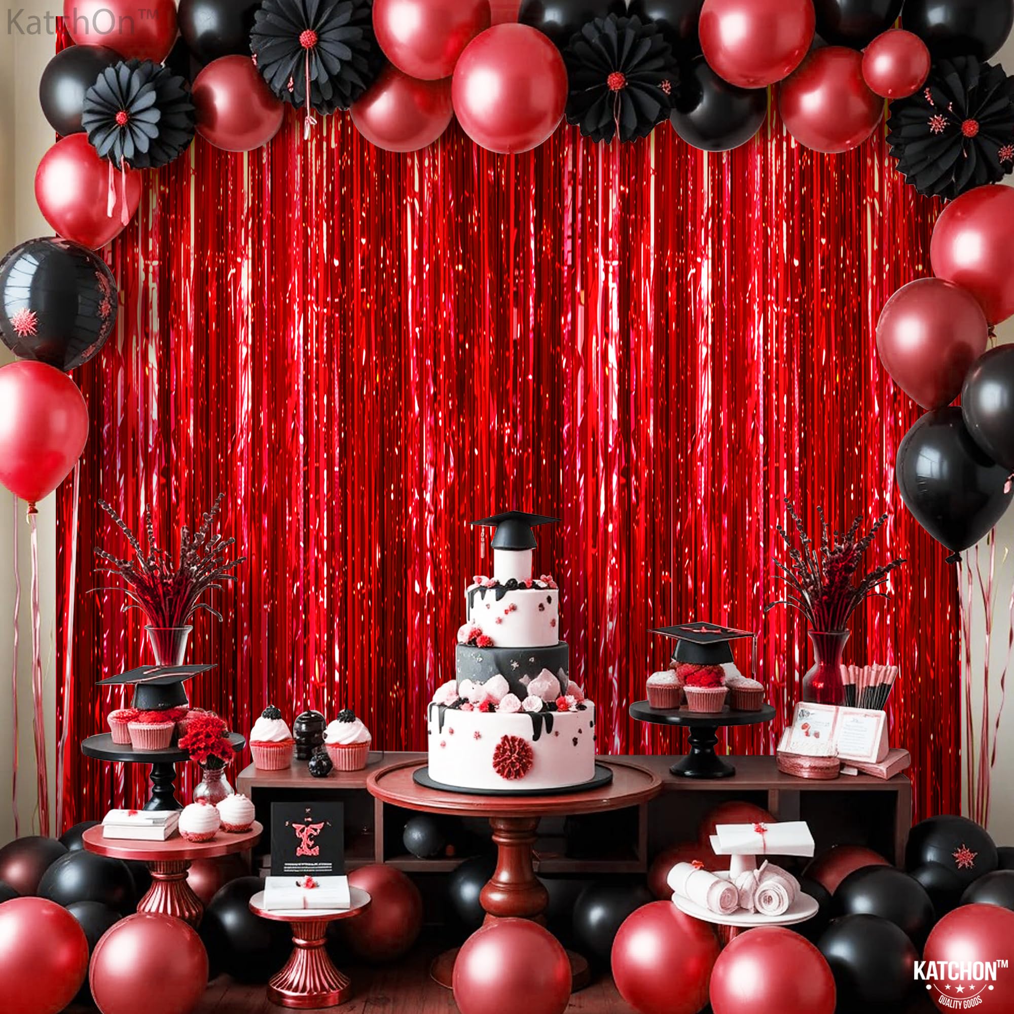 KatchOn Extra Large Red Streamers Party Decorations - 3.2x8 Feet, Pack of 2 | Shiny Red Fringe Backdrop for Graduation Party 2025, Birthday Celebrations & Red Themed Events | Perfect for Wall Decor, Photo Booth Backgrounds and Festive Occasions