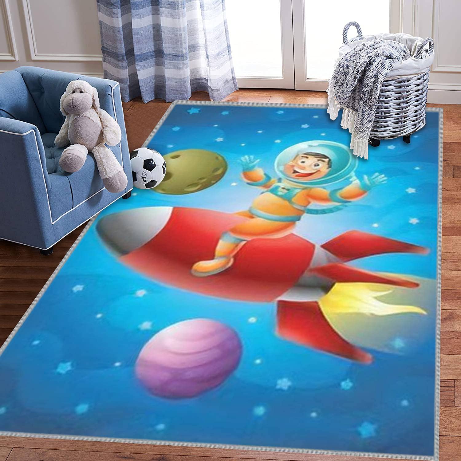 3D Astronaut Riding Red Rocket Ship Space Rug - Extra Large 5x8 ft Kids Play Carpet for Bedroom, Playroom & Nursery - Fun Learning & Playing Decor for Boys & Girls - Perfect for Space-Themed Rooms & Educational Play Areas
