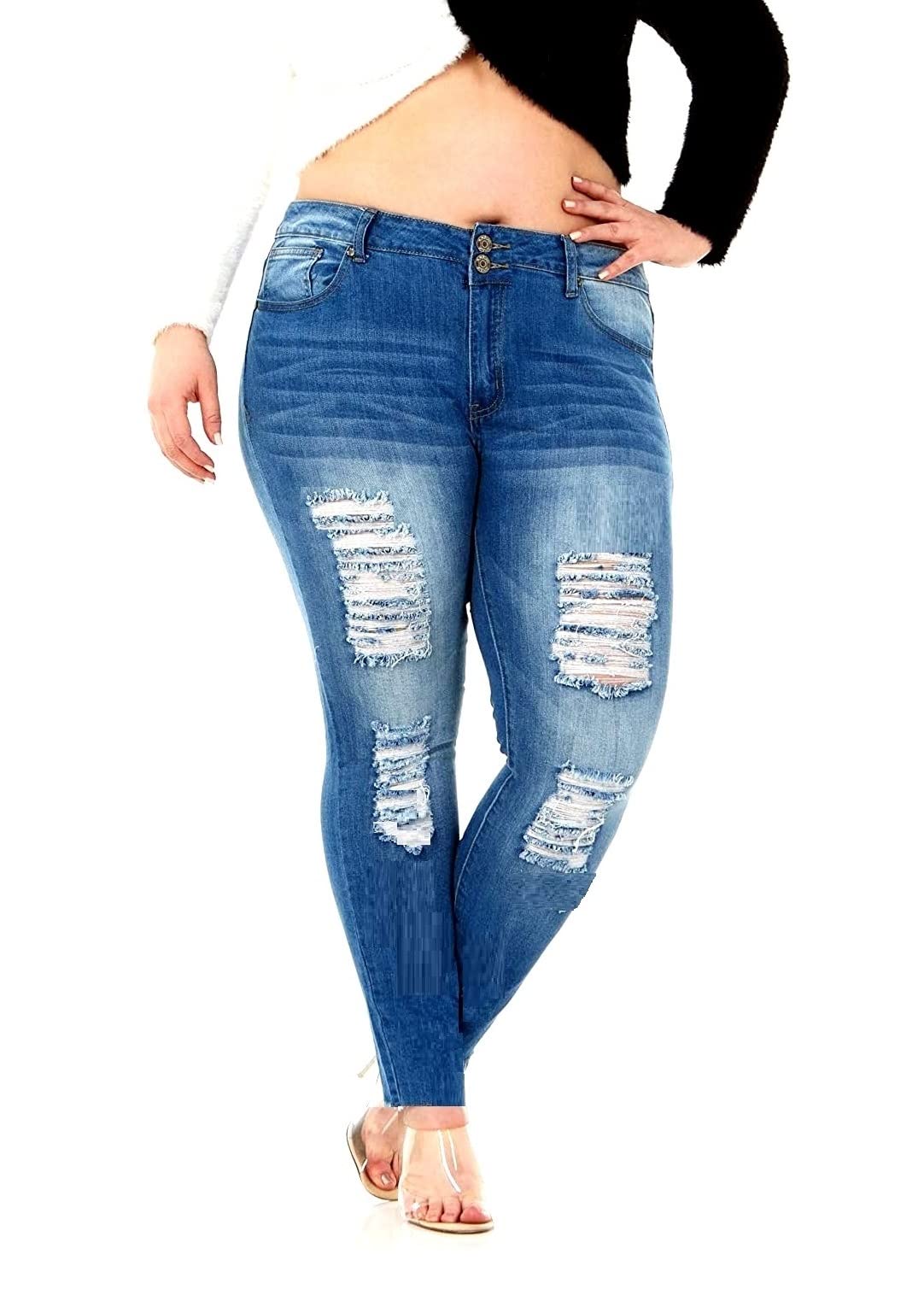 Jack David Women's Plus Size Ripped Destroyed Blue Denim Distressed Stretch Jeans - Comfortable High Waisted Skinny Pants for Casual Wear & Street Style Outfits