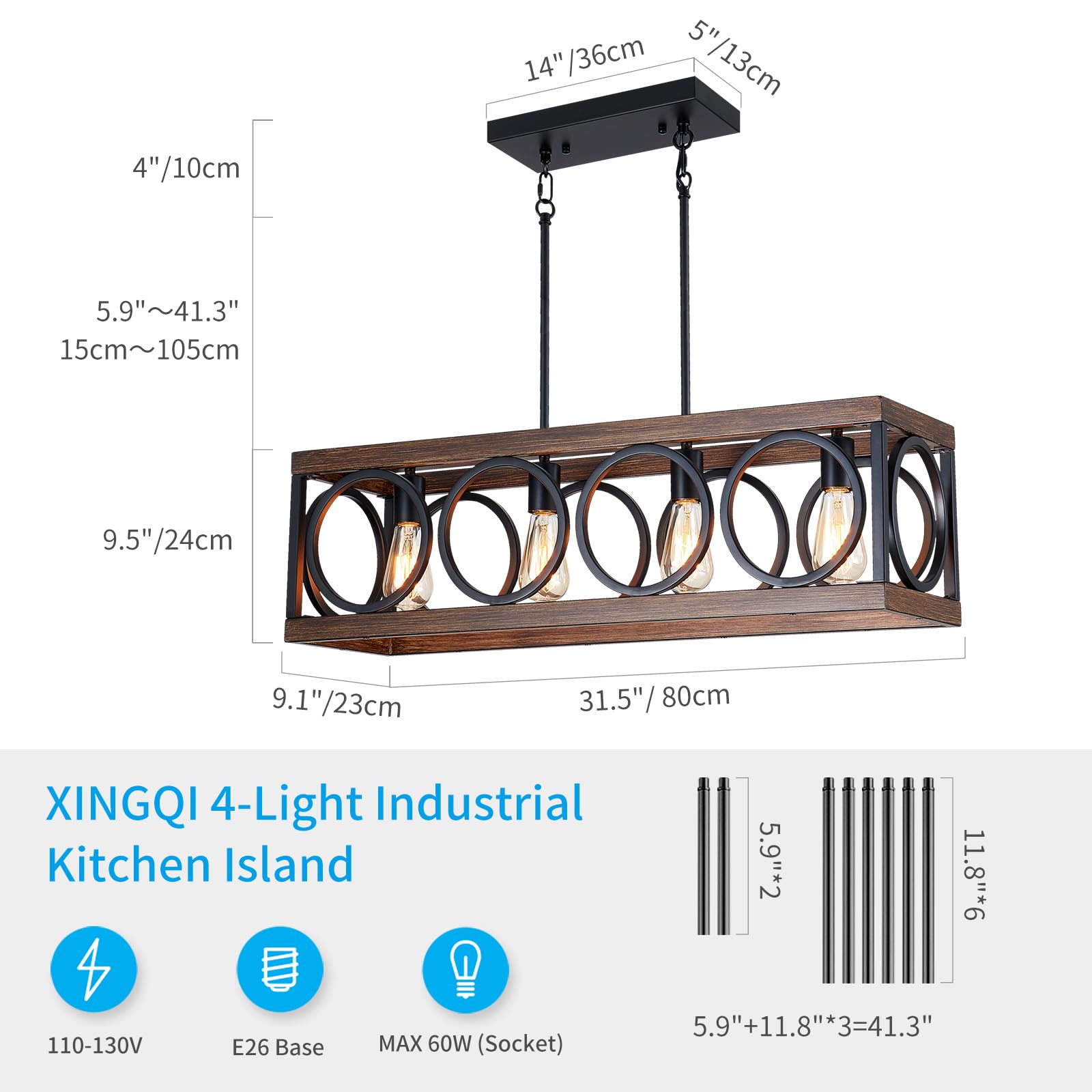 XINGQI Black Kitchen Island Light Fixture - Farmhouse Rectangular Linear Chandelier with Wood Grain Finish | 4-Light Pendant Ceiling Lighting for Dining Room, Bar, Office & Coffee Shop | Perfect for Modern Rustic & Industrial Decor