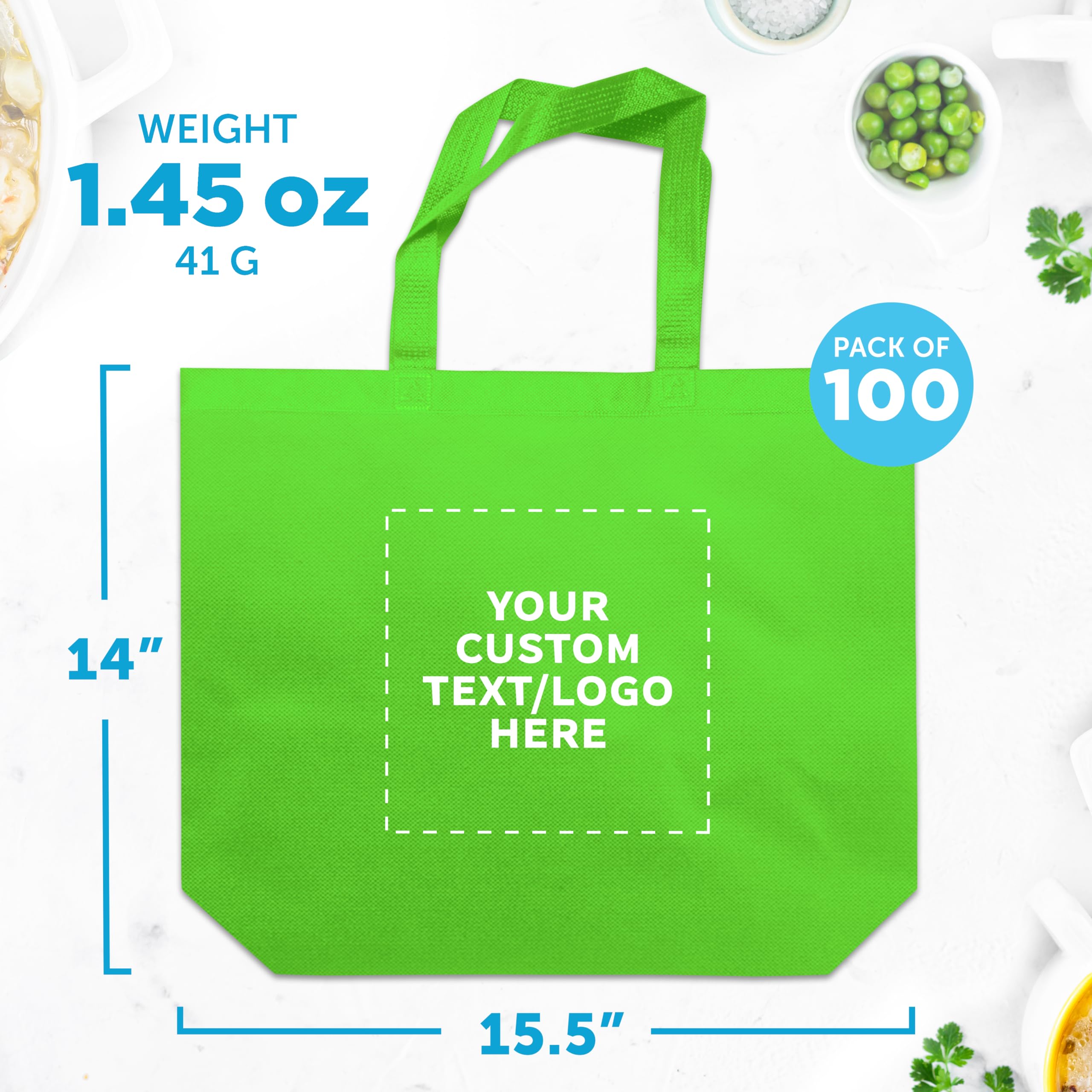 Custom Jumbo Reusable Tote Bags Bulk Pack - 100 Personalized Grocery & Shopping Totes for Women in Lime Green | Promotional Items, Eco-Friendly Gift Bags for Retail Stores, Events & Trade Shows