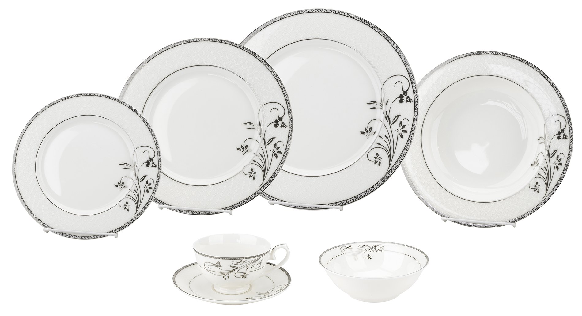 28-Piece Porcelain Dinnerware Set - Elegant Bone China Service by Lorren Home Trends/Viola Design - Includes Dinner Plates, Soup Bowls, Salad Plates, Butter Dishes, Coffee Cups with Saucers & Dessert Bowls - Perfect for Formal Dining, Holiday Entertaining & Everyday Use