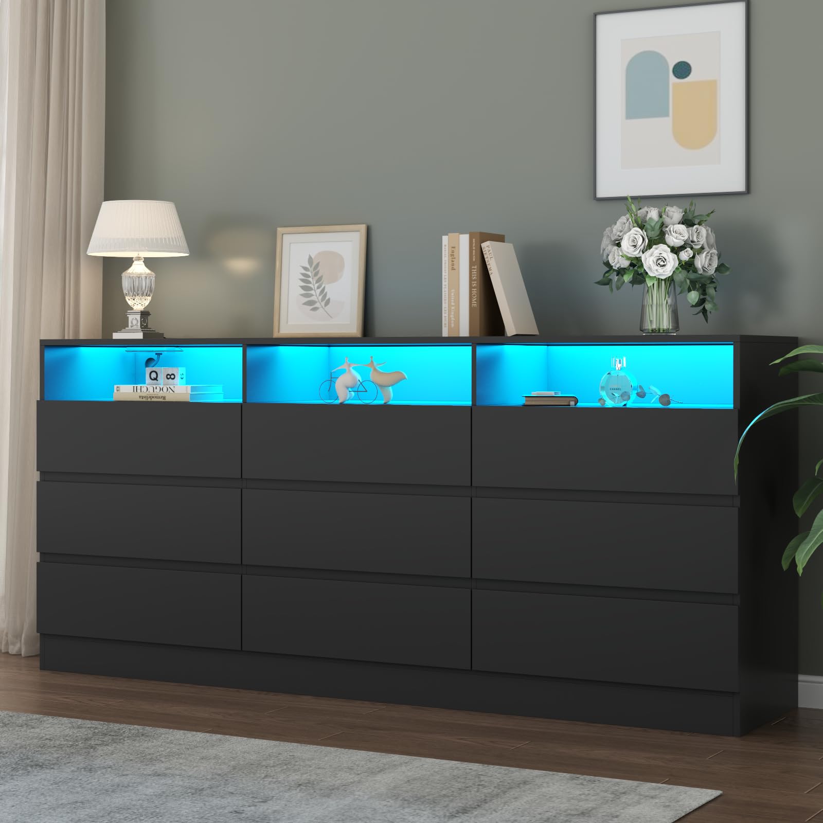 9-Drawer Dresser with Power Outlet & LED Lighting - Modern Large Storage Cabinet with Handles, Free Drawers for Bedroom, Closet & Living Room - Perfect for Organizing Clothes, Accessories & Home Decor (Black)