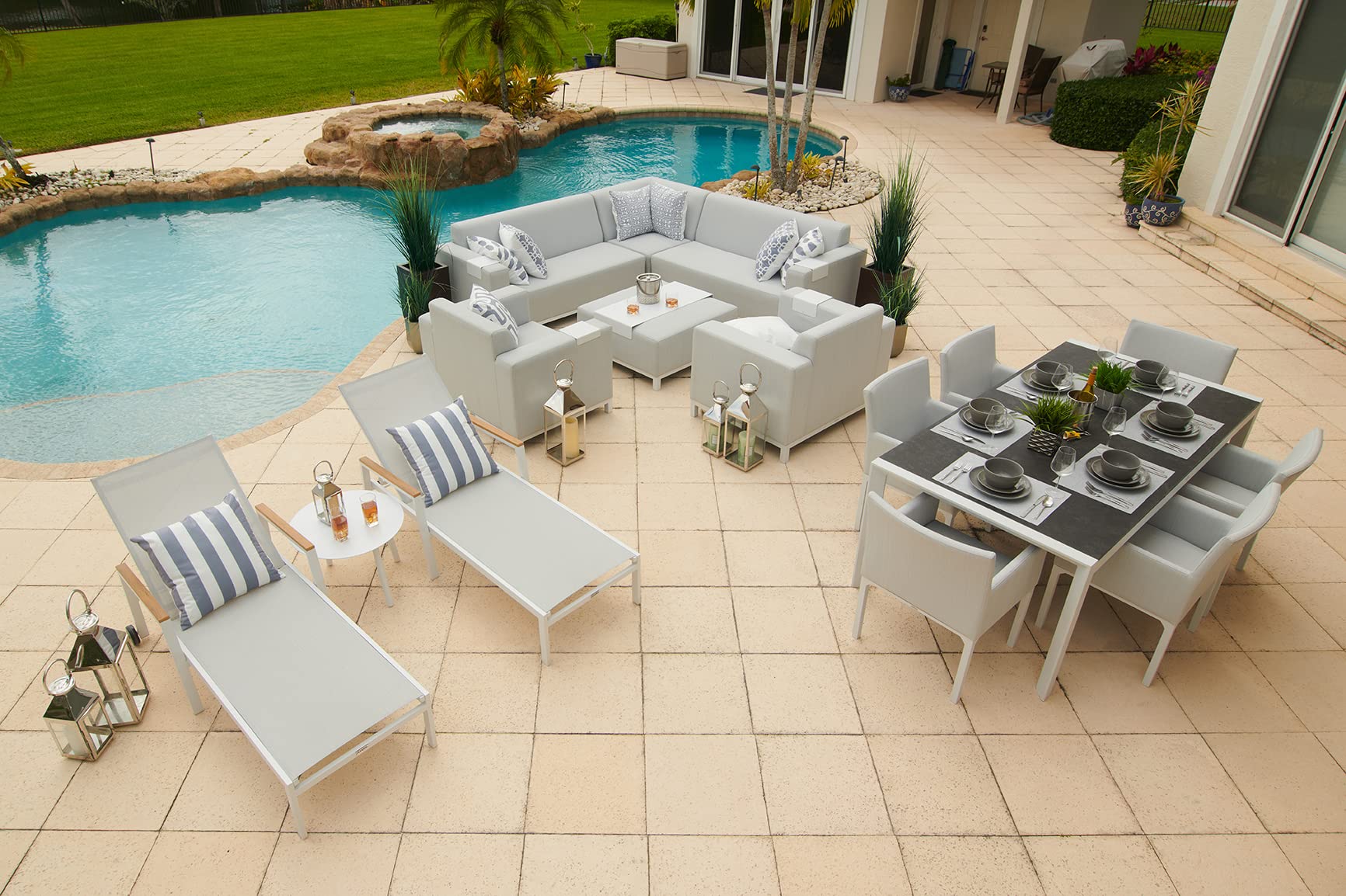 16-Piece Aluminum Outdoor Patio Furniture Set in Light Gray - Sectional Sofa, 6-Seat Dining Table & Chaise Lounge - Perfect for Backyard, Poolside & Garden Relaxation