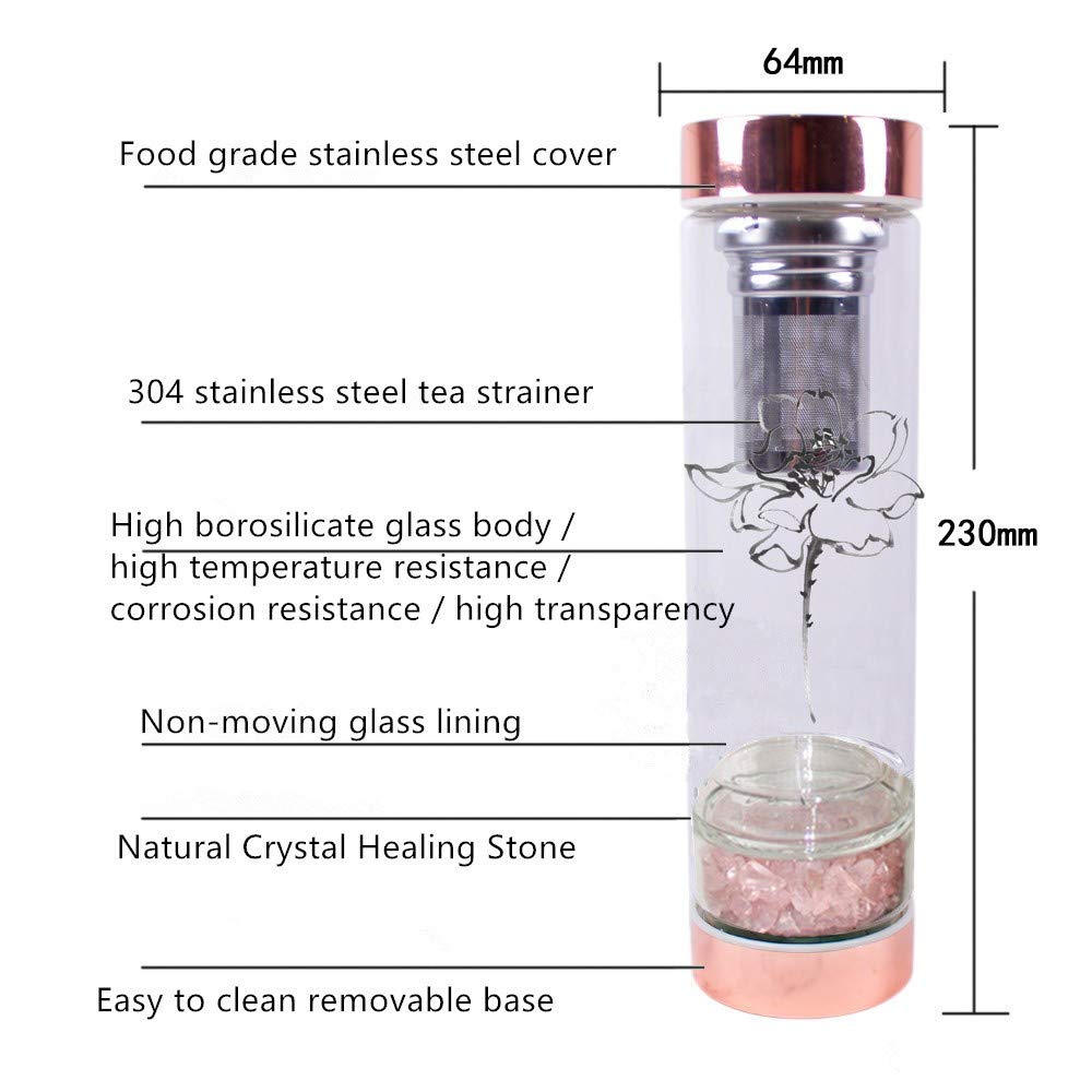 **15 oz Rose Quartz Crystal Infused Water Bottle with Tea Strainer - Chakra Healing & Wellness, Reusable Glass Bottle for Detox, Yoga, Meditation & Daily Hydration**