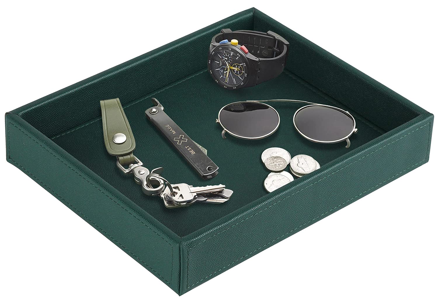 HofferRuffer Faux Leather Decorative Tray - Elegant Desktop Storage Organizer & Vanity Catchall Tray for Perfume, Jewelry, Keys | 10.2 x 8.4 x 1.8 Inches Dark Green | Perfect for Nightstand, Dresser, Office Desk & Bathroom Counter Organization