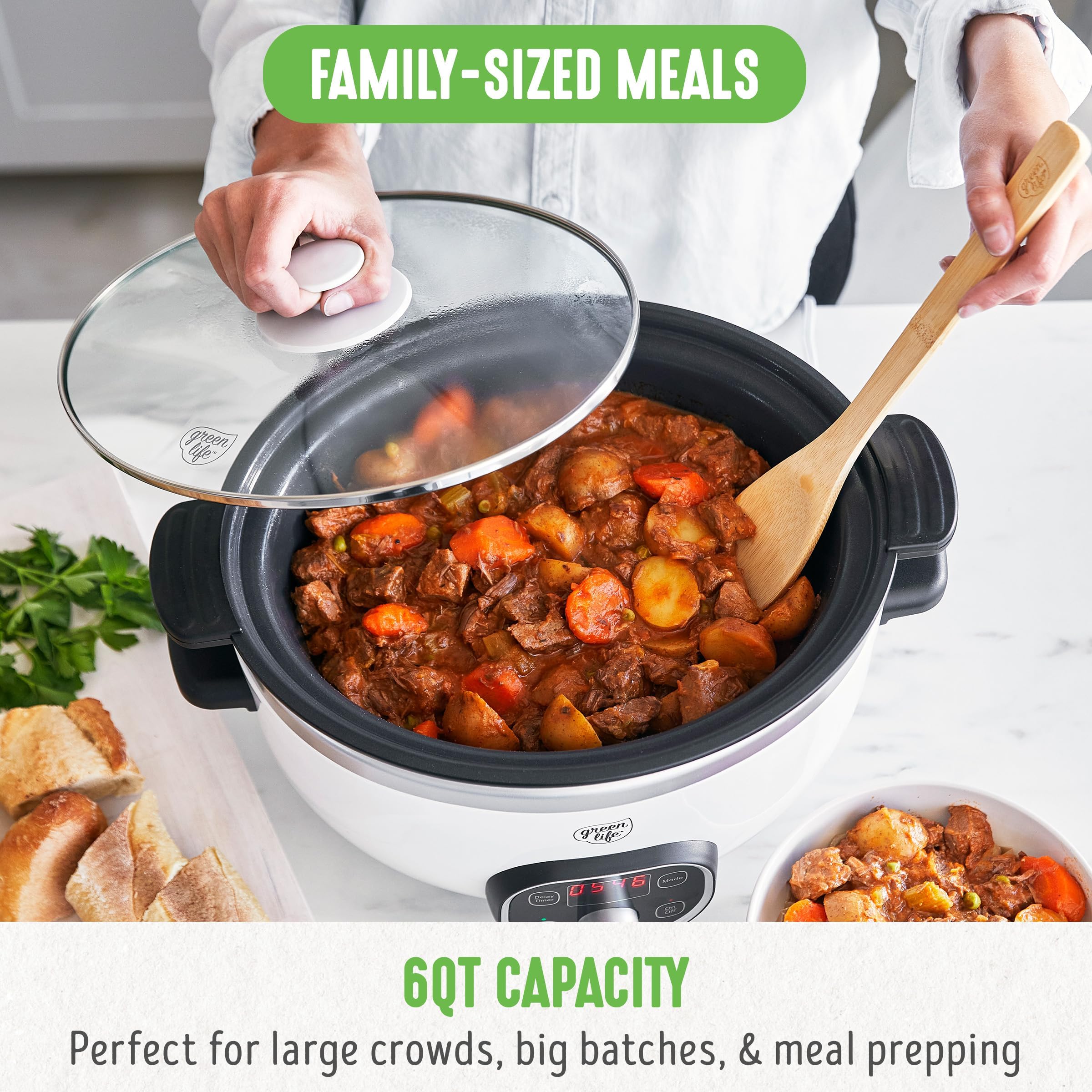 GreenLife 6 Quart Ceramic Slow Cooker - PFAS-Free, Programmable Crock Pot with Removable Nonstick Pot, Digital Timer & Stovetop Sear Function | Perfect for Large Families, Meal Prep, Soups, Stews & Holiday Gatherings | Dishwasher Safe Glass Lid & White Crock
