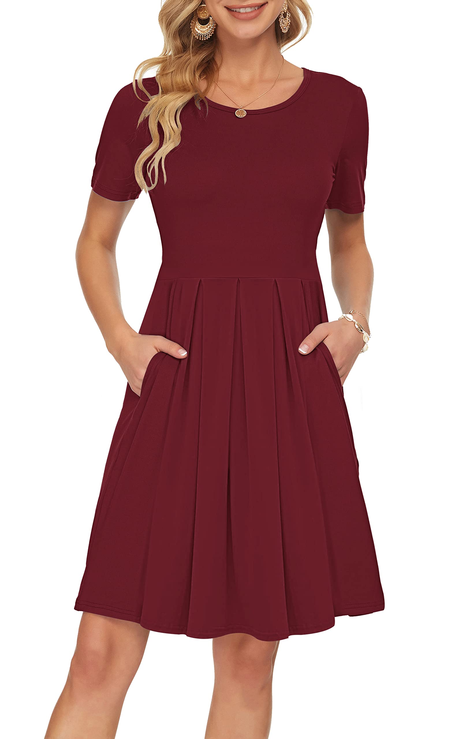 AUSELILY Women's Summer Short Sleeve Dress - Pleated Loose Swing Knee Length Casual Dress with Pockets | 2025 New Collection | Perfect for Beach, Vacation, and Everyday Wear