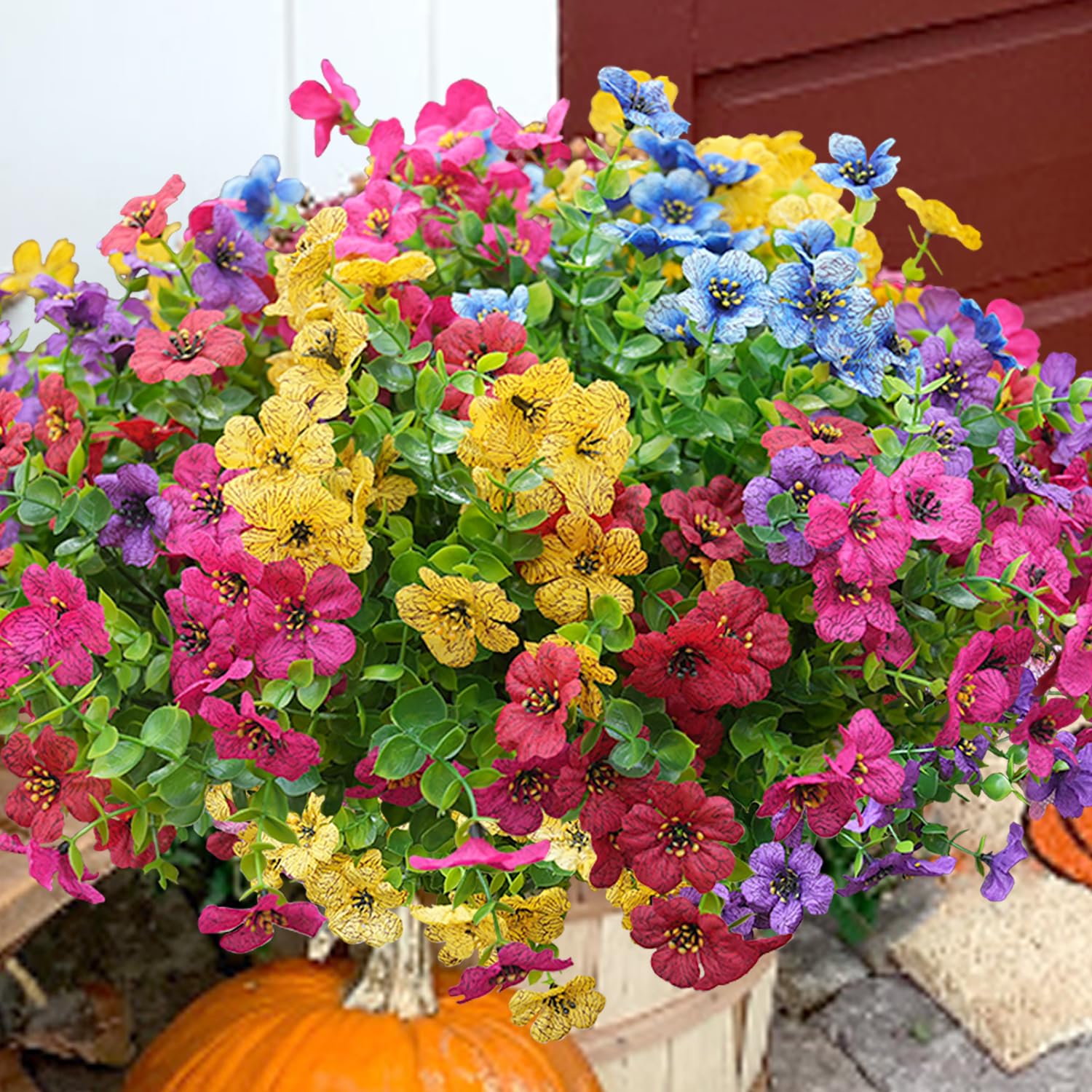 UV Resistant Artificial Flowers for Outdoor - 20 Bundle Realistic Fake Silk Flowers, Faux Plants for Porch, Patio, Window Box, Planter - Indoor & Outdoor Home Decor (Yellow, Purple, Rosy, Red, Blue) - Perfect for Wedding, Party, Garden & DIY Decorations